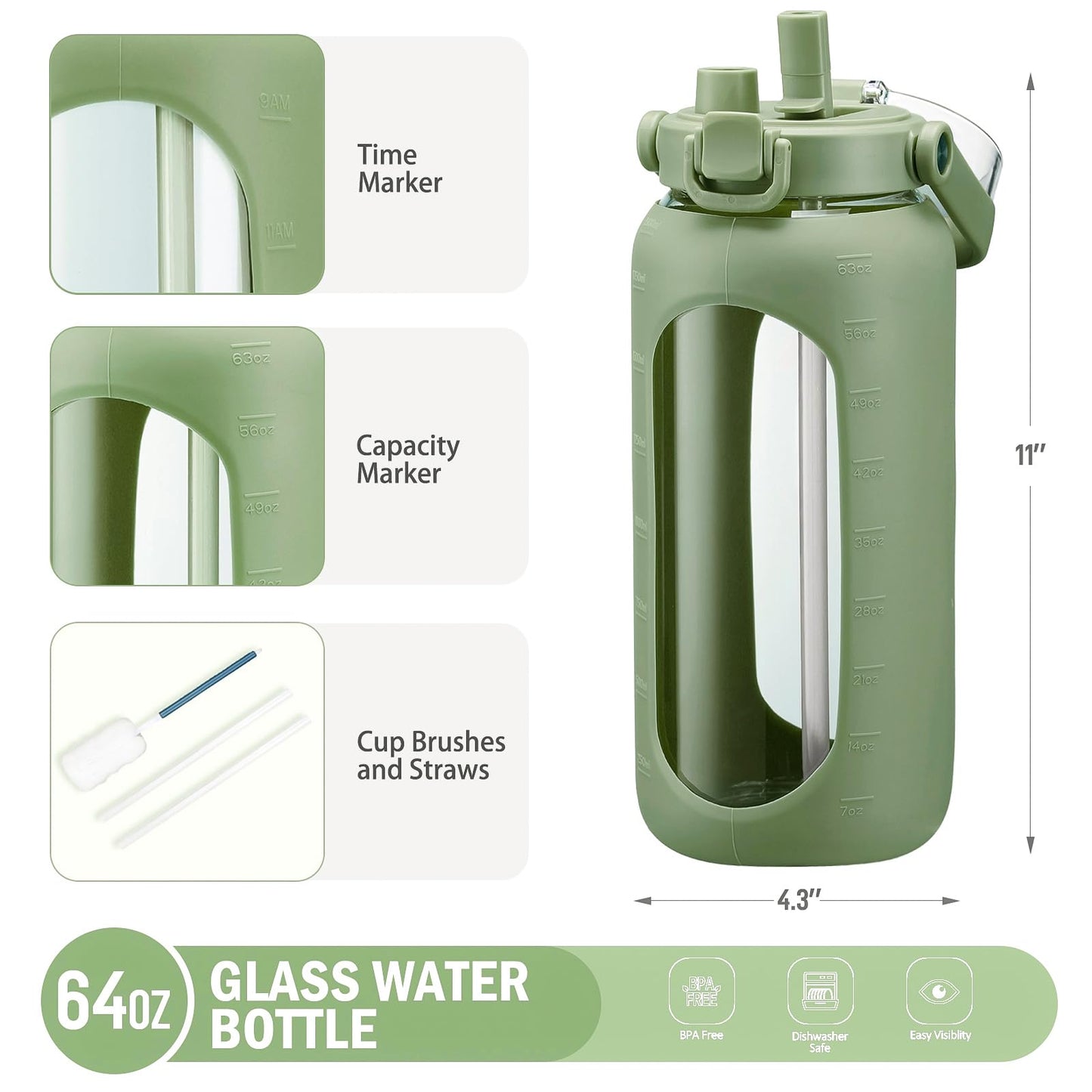 BLUEGO 64oz Glass Water Bottles with Straw Time Marker Half Gallon Large Motivational Water Bottle with Silicone Sleeve 2 Liter Large Glass Water Jug for Gym, Sports& Workout, Daily, 02 Olive