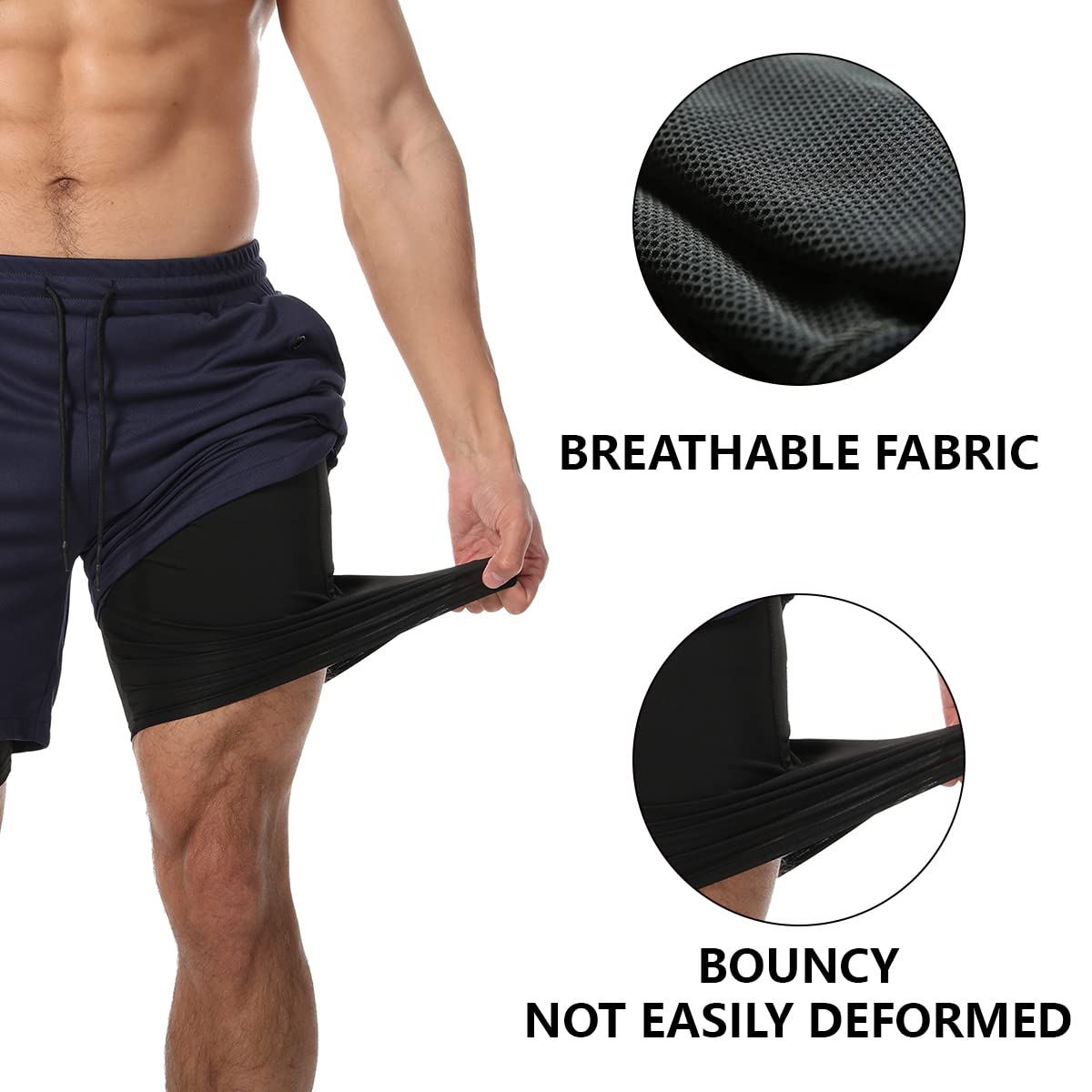 JWJ 3 Pack Men's 2 in 1 Workout Running Shorts 7 Inch Lightweight Athletic Gym Shorts with Compression Liner Black Black White M