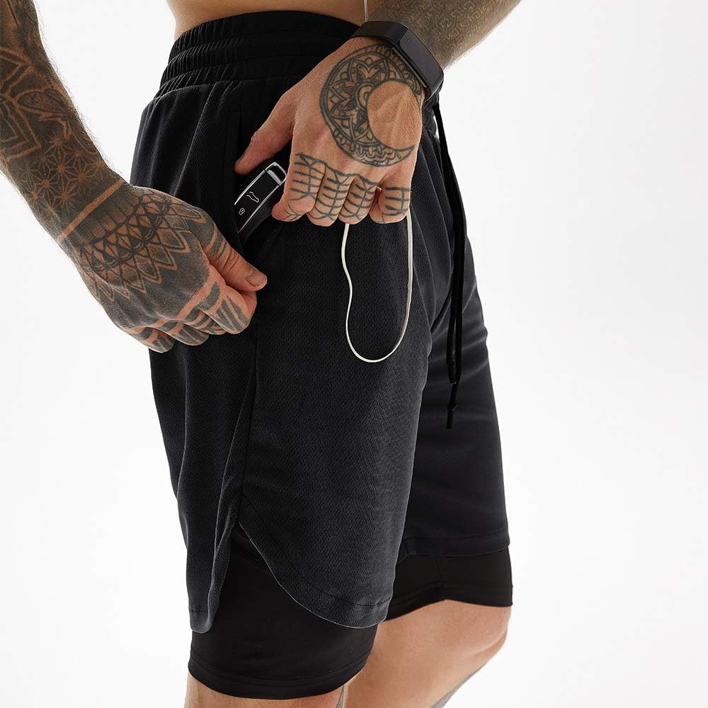 JWJ 3 Pack Men's 2 in 1 Workout Running Shorts 7 Inch Lightweight Athletic Gym Shorts with Compression Liner Black Black White M