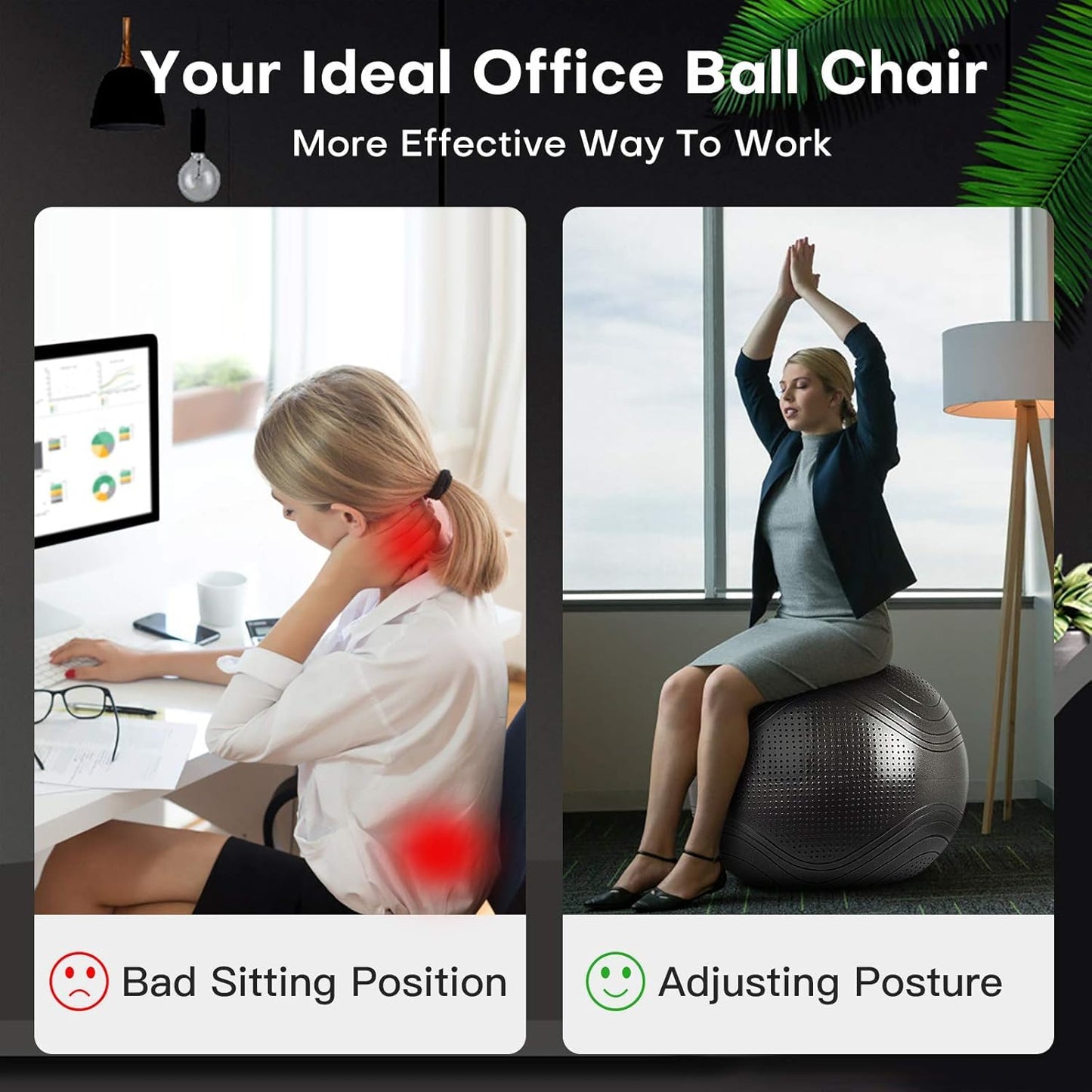 Gruper Yoga Ball, 55-75cm Extra Thick Exercise Ball for Workout Fitness Balance, Anti Burst Chair for Home and Office Desk,Includes Hand Pump & Workout Guide Access (Black, 22 inch (55cm),M)