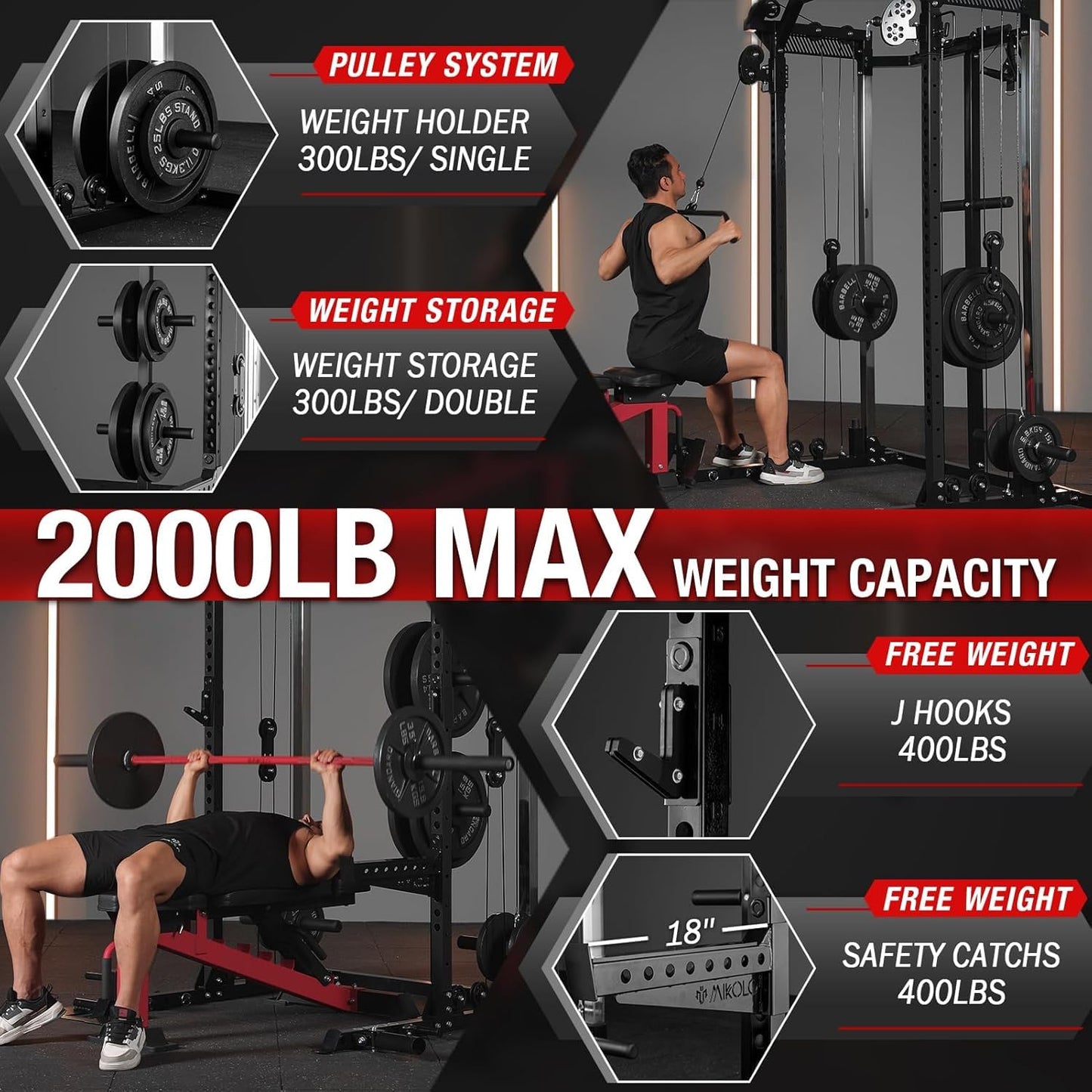 Mikolo Power Cage, 2000LB Power Rack with Independent Dual Pulley System, Multi-Function Home Gym Workout Machine for Cable Crossover (Black)