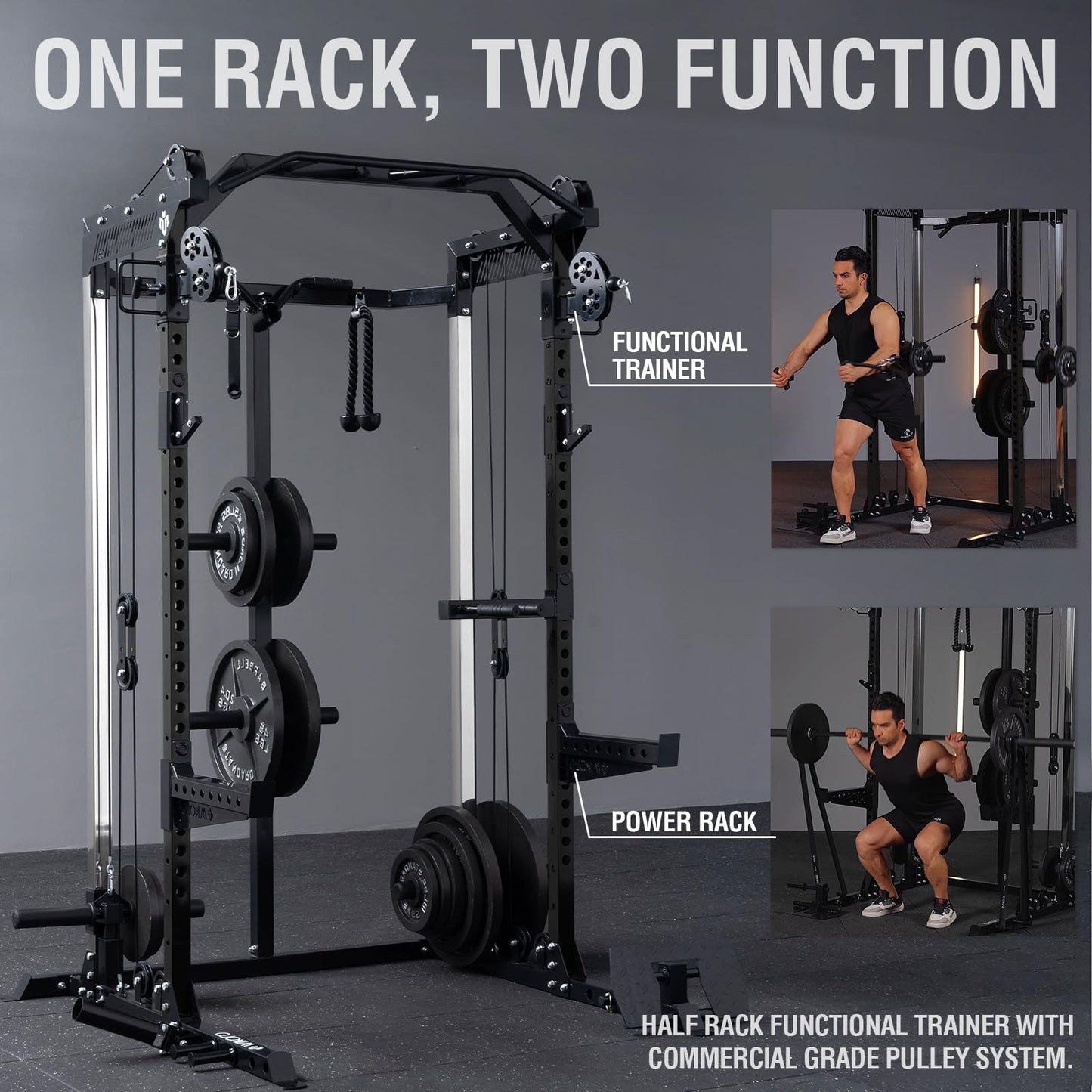 Mikolo Power Cage, 2000LB Power Rack with Independent Dual Pulley System, Multi-Function Home Gym Workout Machine for Cable Crossover (Black)