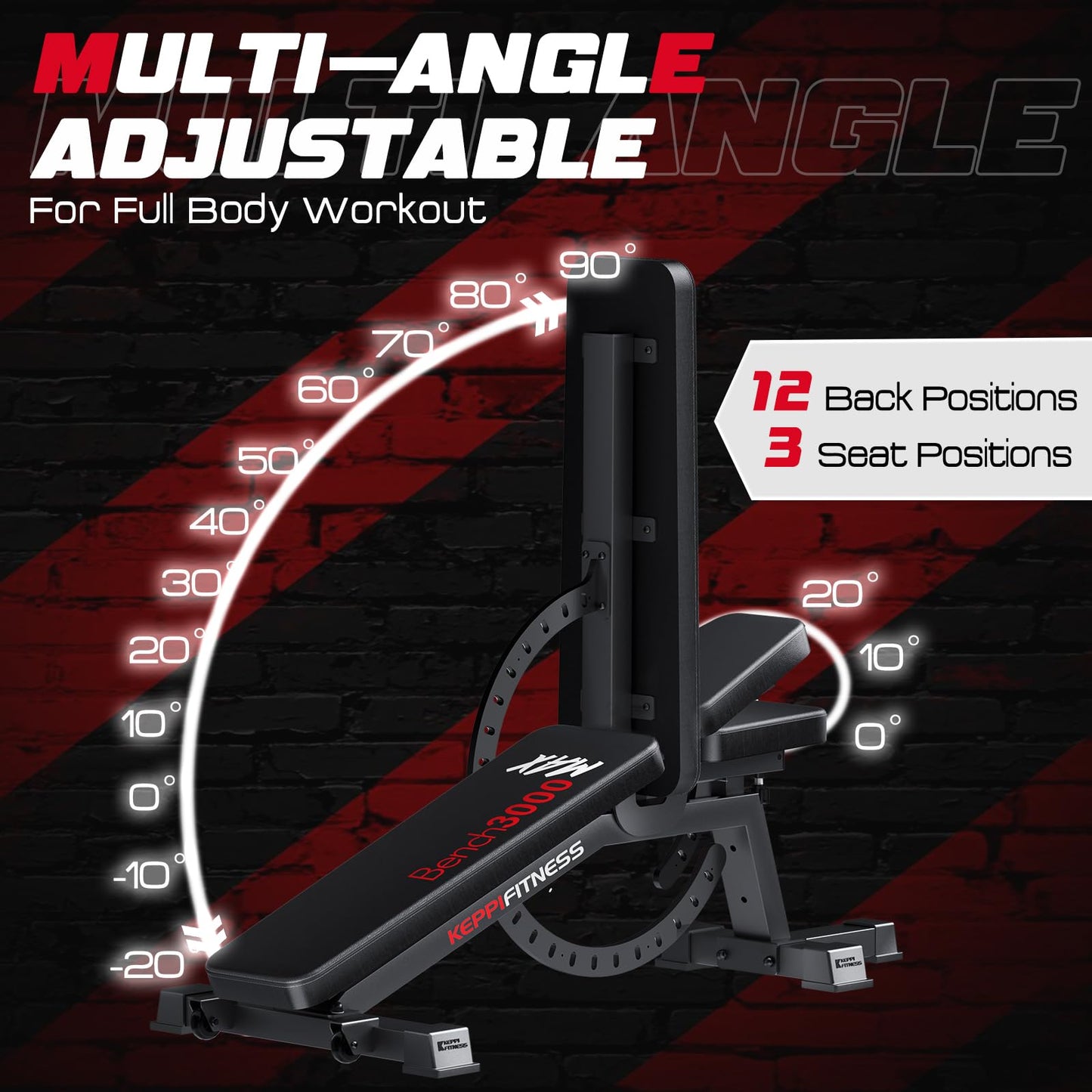 KeppiFitness Adjustable Weight Bench, Bench3000 MAX Heavy Duty Workout Bench Press with Leg Extension and Preacher Pad for Home Gym Fitness, Flat Incline Decline Sit Up Bench