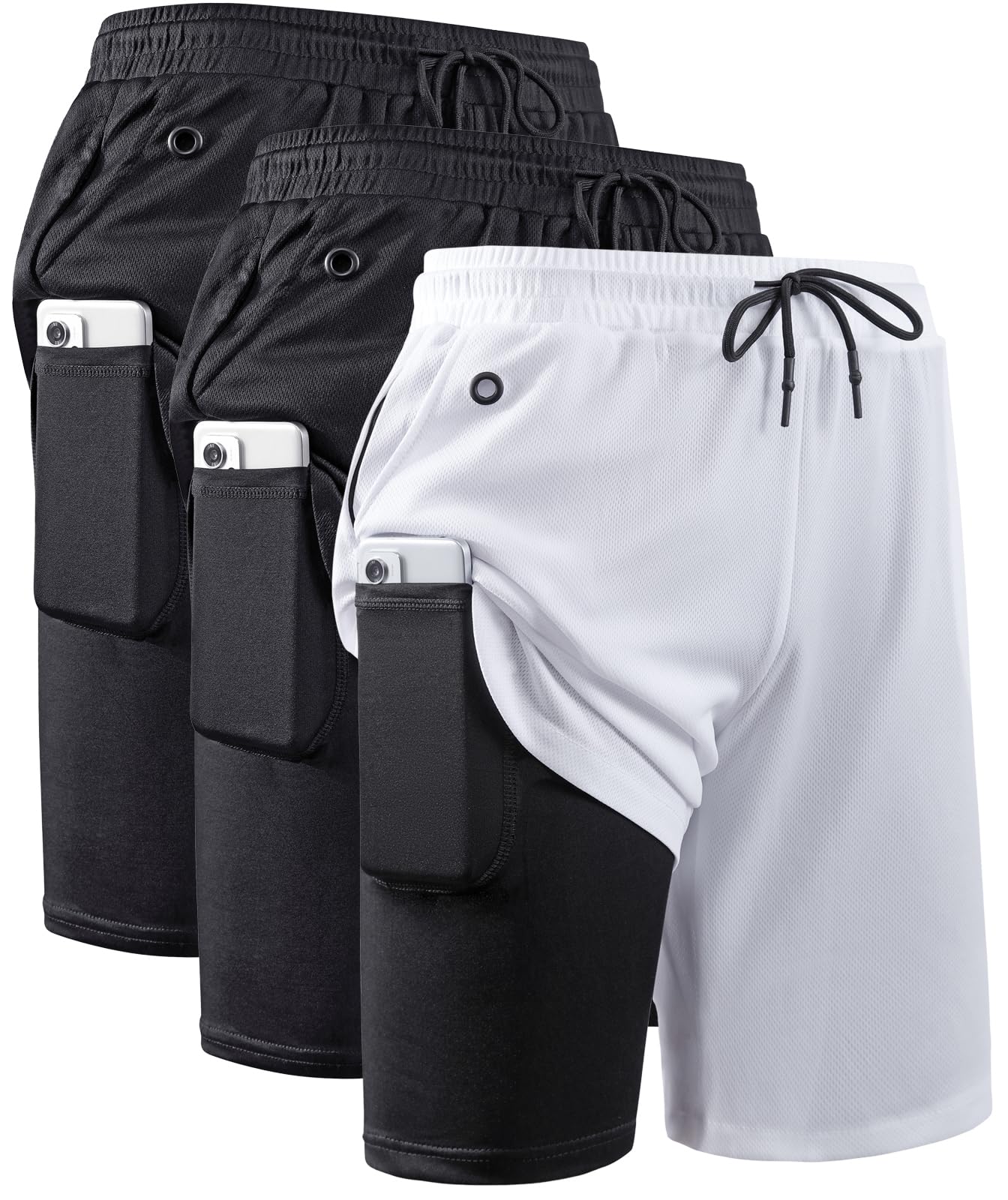 JWJ 3 Pack Men's 2 in 1 Workout Running Shorts 7 Inch Lightweight Athletic Gym Shorts with Compression Liner Black Black White M