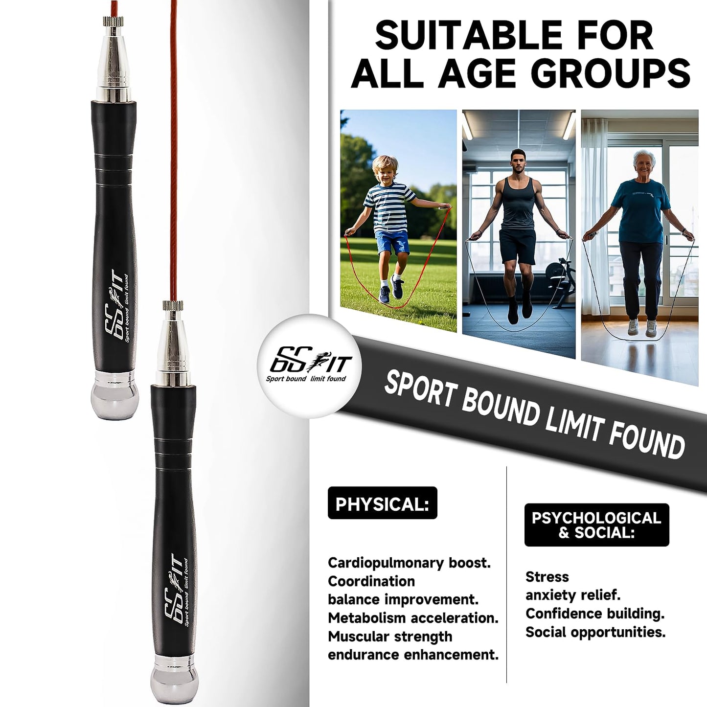 66FIT Weighted Jump Rope, Self-Locking Design, Black, High-Speed 360° Rotatable with Non-Slip Handle & 2 Interchangeable Ropes for Home Gym, Fitness Training, Cardio Workout