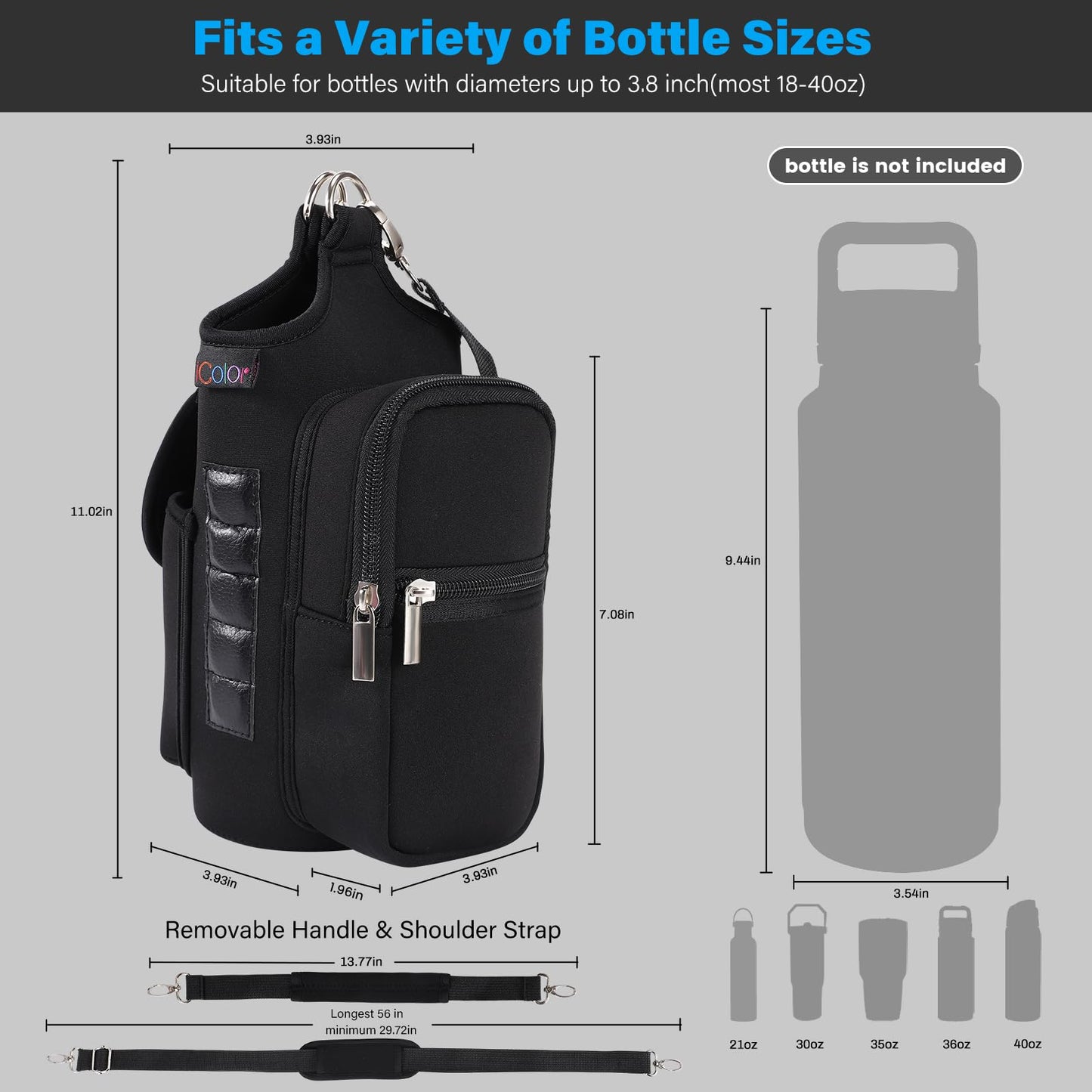 icolor Magnetic Gym Bag Water Bottle Carrier Holder with Phone Pockets & Shoulder Strap,5 Built-in Magnets Gym Bottle Pouch Sleeve,Magnetic Bag Gym Accessories Organizer for Men Women(PureBlack)