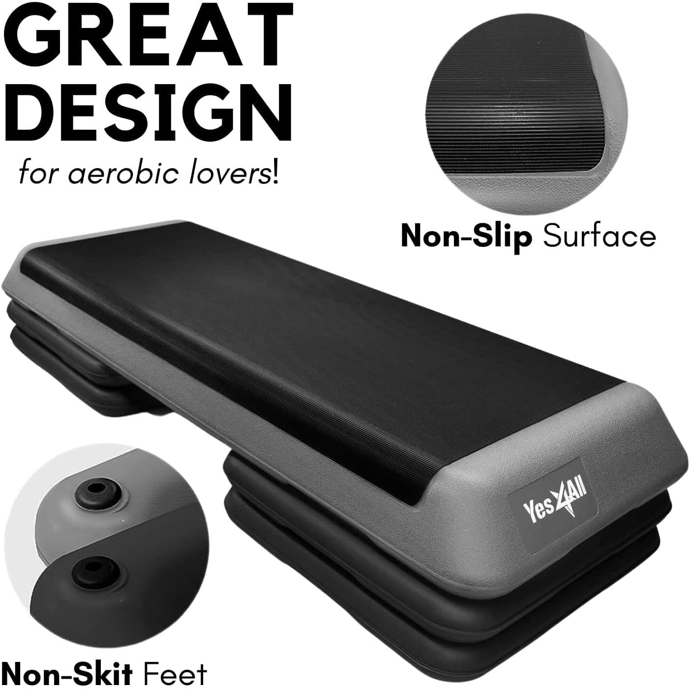 Yes4All Adjustable Workout Aerobic Exercise Step Platform Health Club Size with 4 Adjustable Risers Included and Extra Risers Options - Gray Black