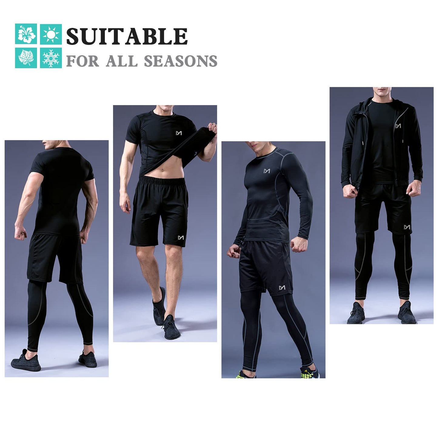 MEETYOO 5Pcs Men's Compression Sets Pants Long Sleeve Shirt Athletic Shorts Running Jacket Short Sleeve t-Shirts