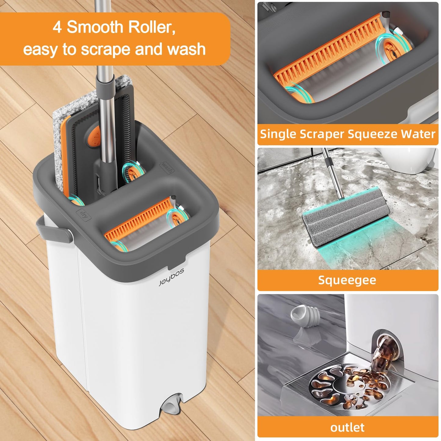 JUDRDO Mop and Bucket with Wringer Set for Home,61" Flat Mop and Bucket System for Floor Cleaning,Wet Dry Mop Window Wall Cleaner with Long Handle,Floor Mop with 4 Washable Microfiber Pads