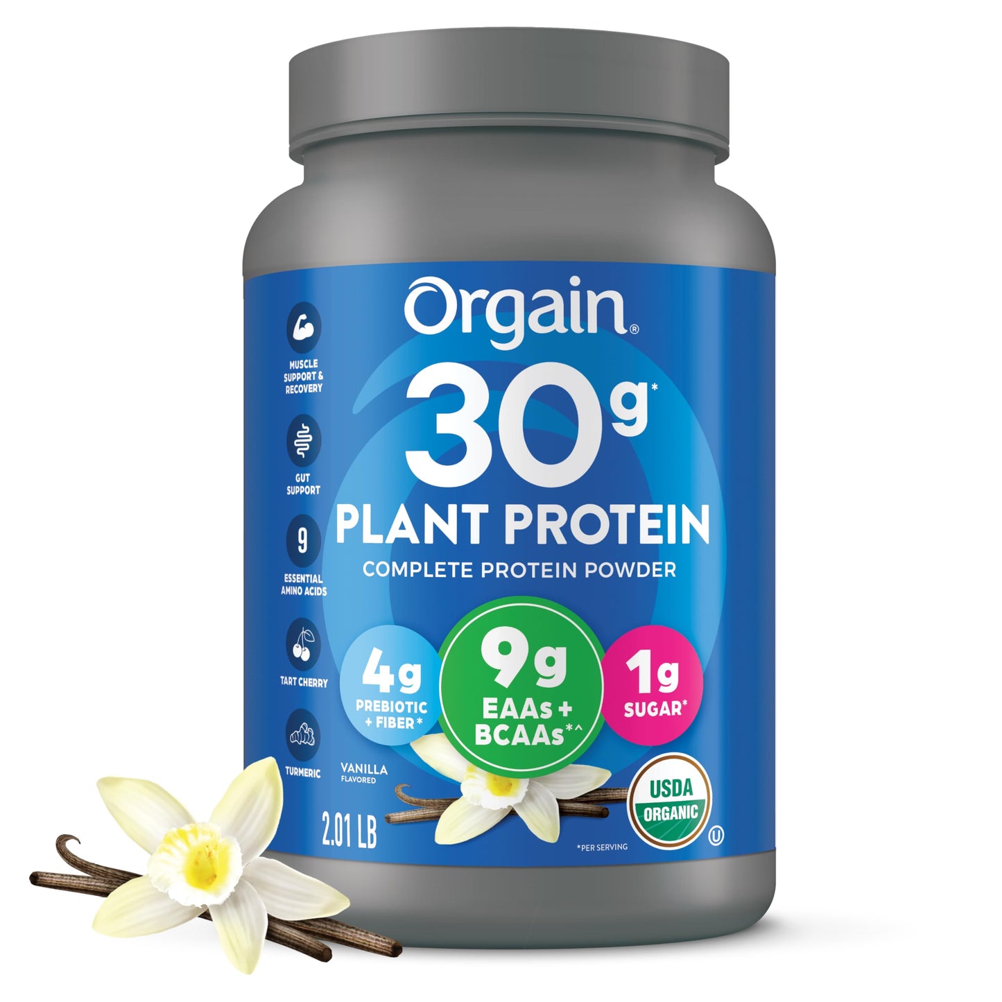 Orgain Organic 30g Vegan Protein Powder, Vanilla, 9g EAAs + BCAAs, Plant Protein, 4g Prebiotic + Fiber, 1g Sugar, Pre-Workout, Muscle Support Recovery - 2.01lb