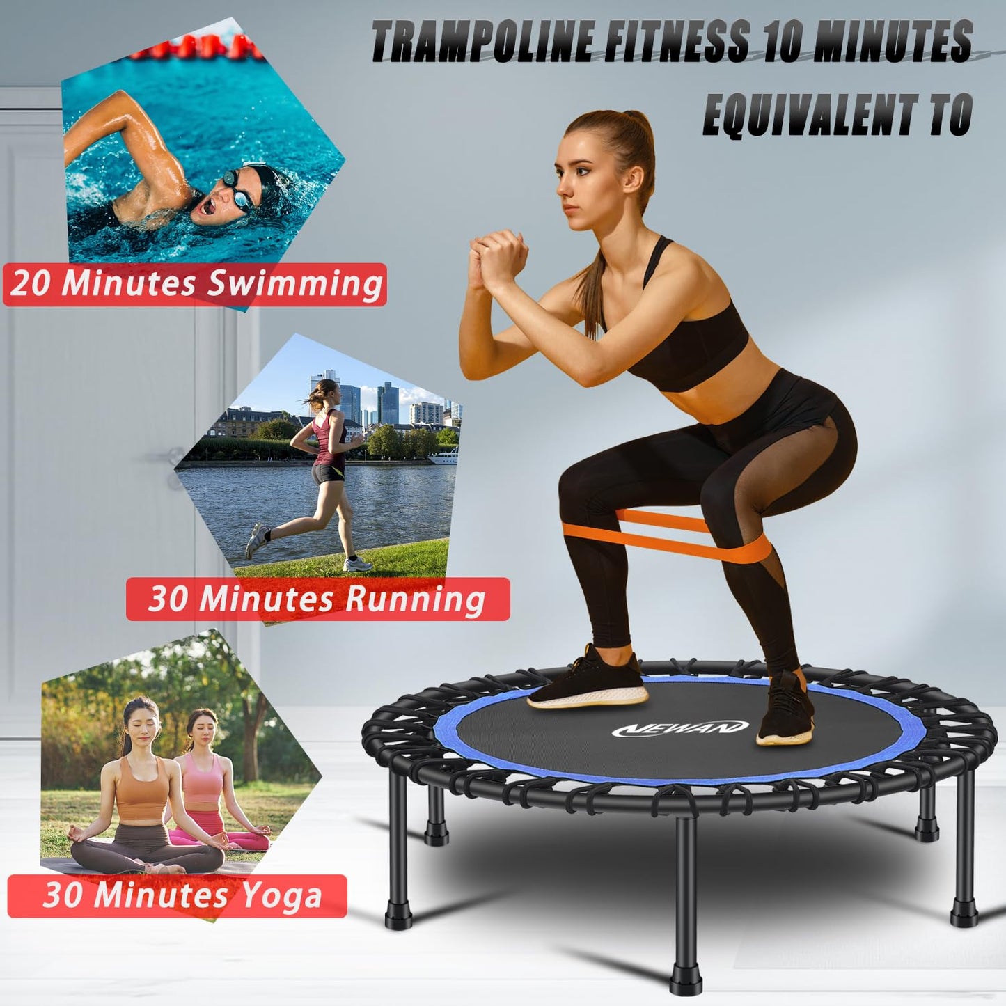 Newan 40'' Silent Fitness Mini Trampoline - Indoor Rebounder for Adults - Best Urban Cardio Jump Fitness Workout Trainer, Covered Bungee Rope System - Max Limit 330 lbs