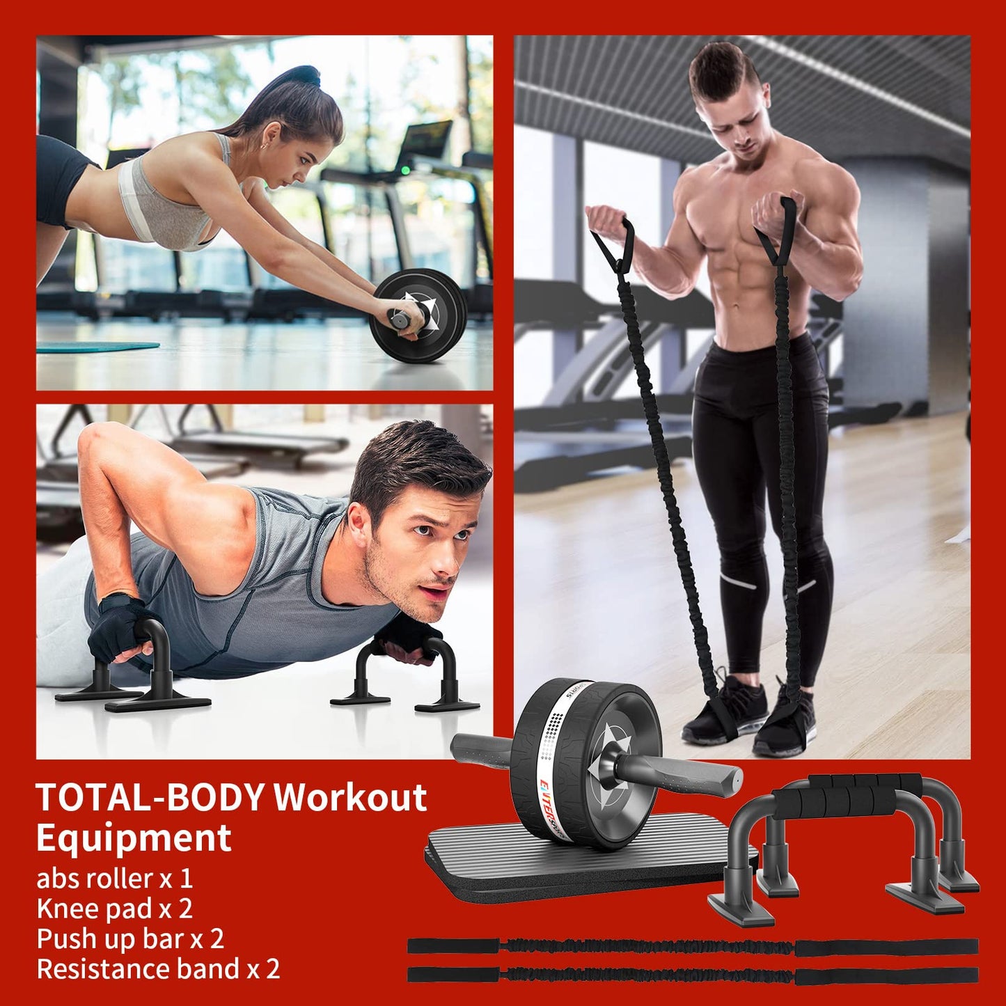EnterSports Abs Roller Wheel Kit, Exercise Wheel Core Strength Training Abdominal Roller Set with Push Up Bars, Resistance Bands, Knee Mat Home Gym Fitness Equipment for Abs Workout