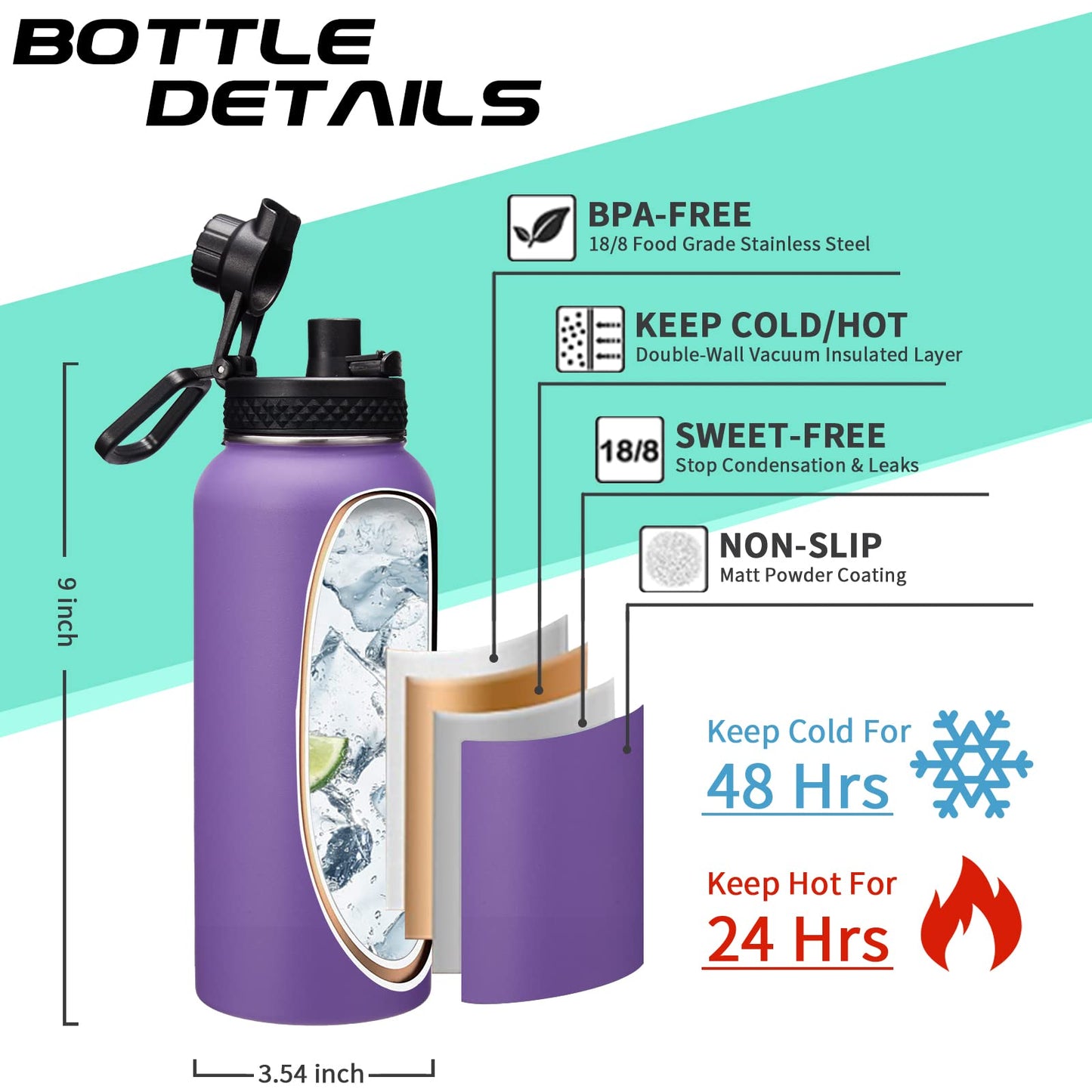 DIGJUPER 32 oz Water Bottles with Straw & Spout Lid, Paracord Handle & Strap, Double Wall Insulated Flask Water Bottle, Reusable Wide Mouth Gym Water Bottles for Women and Men for Fitness Sports