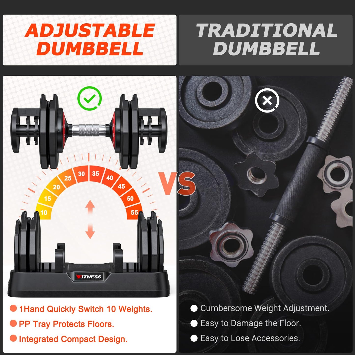 Rendpas Adjustable Dumbbells Set of 2, 1-Sec Adjustable Weights Dumbbells Set, 10 in 1 Dumbbell Set with Anti-Slip Texture Handle, Weight Set For Home Gym Suit both Men and Women