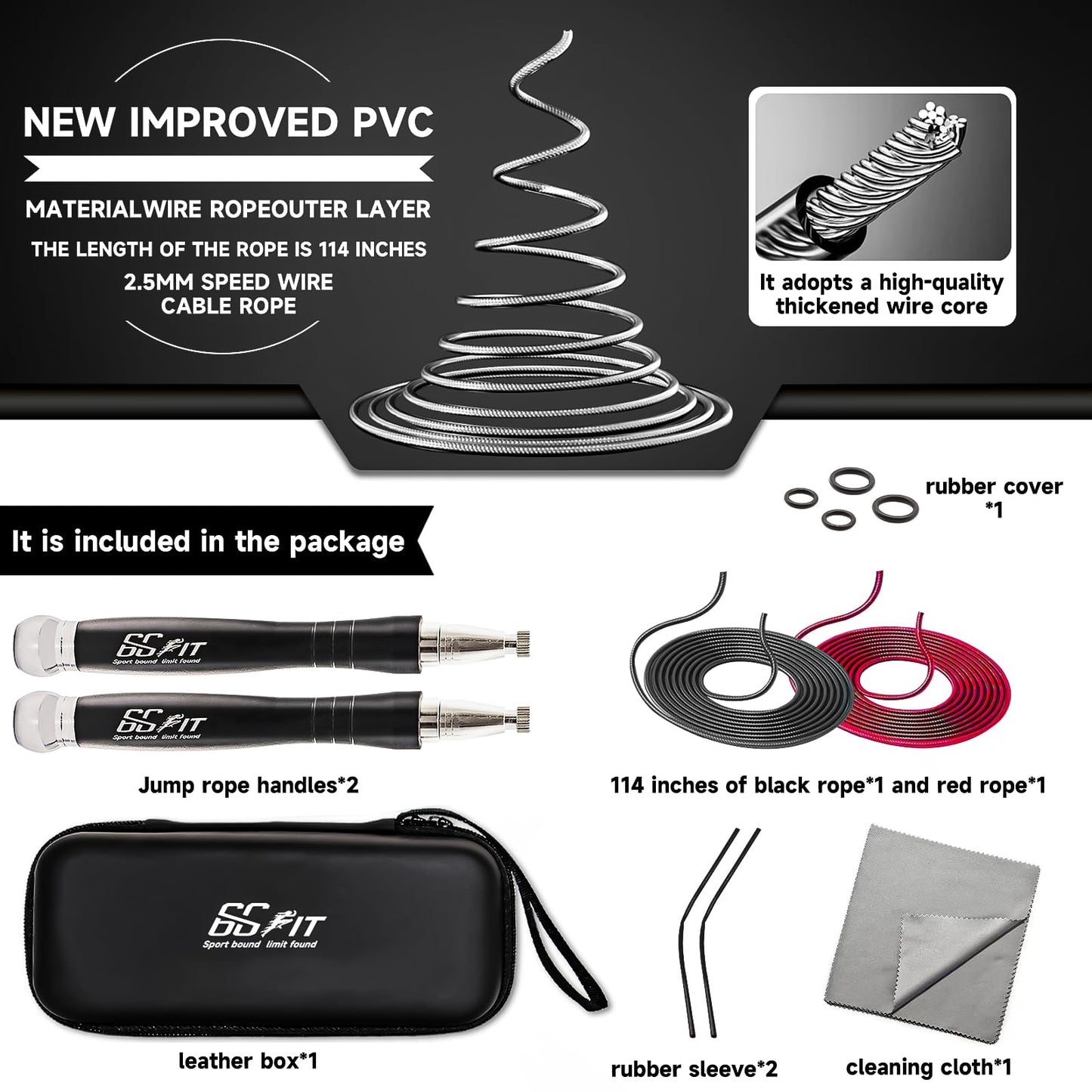 66FIT Weighted Jump Rope, Self-Locking Design, Black, High-Speed 360° Rotatable with Non-Slip Handle & 2 Interchangeable Ropes for Home Gym, Fitness Training, Cardio Workout