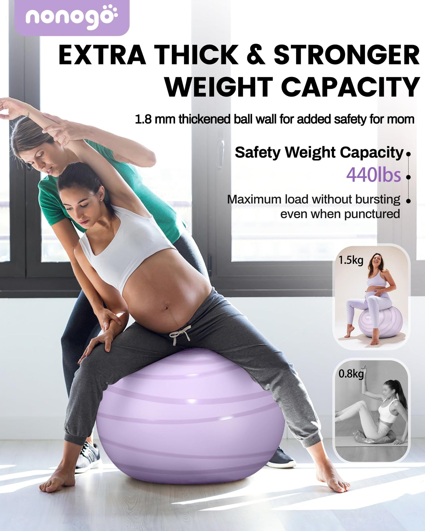 nonogo Birthing Ball for Pregnancy with Resistance Bands- Exercise Ball for Working Out, Yoga, Physical Therapy, Maternity Physio, Balance Stability Ball with Pump
