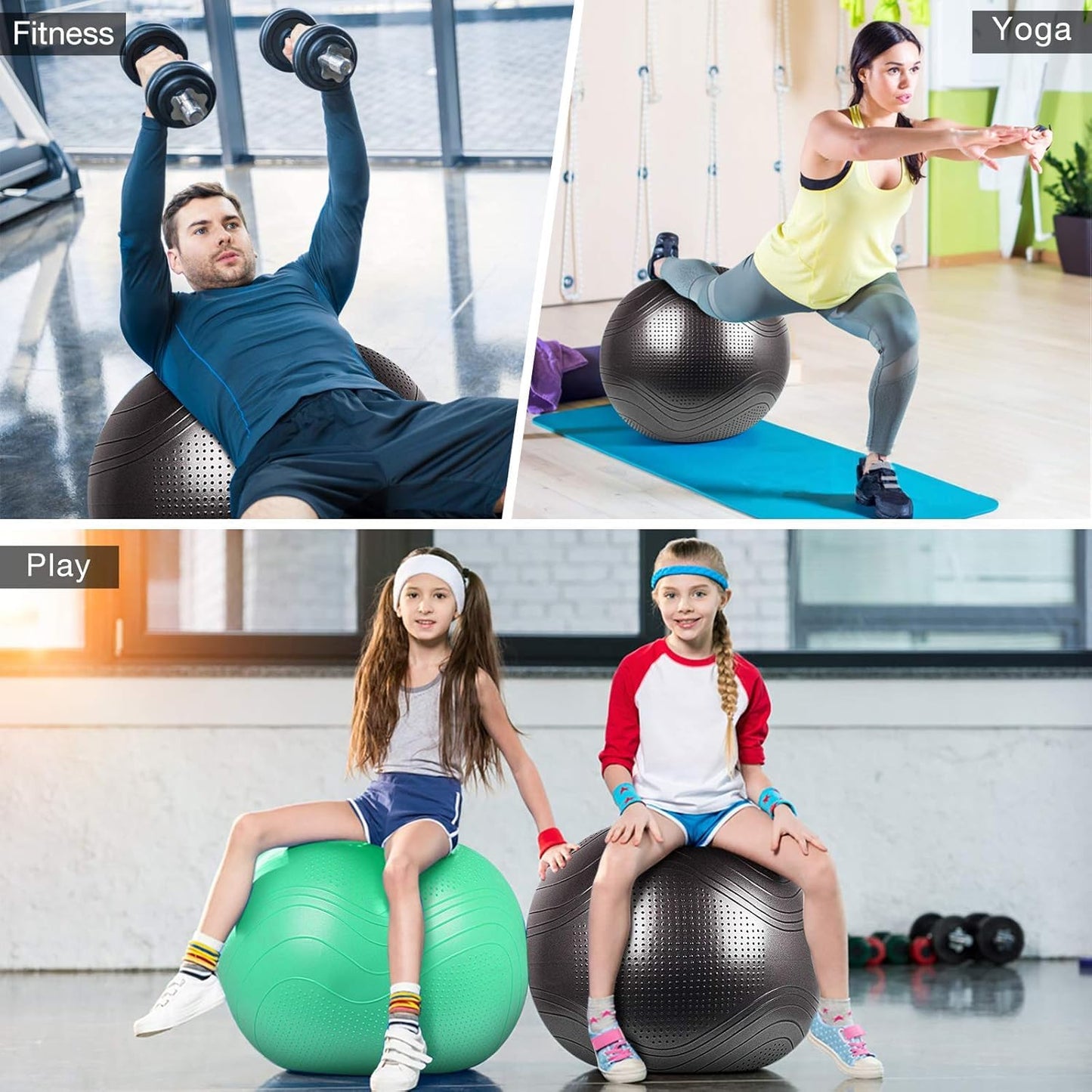 Gruper Yoga Ball, 55-75cm Extra Thick Exercise Ball for Workout Fitness Balance, Anti Burst Chair for Home and Office Desk,Includes Hand Pump & Workout Guide Access (Black, 22 inch (55cm),M)