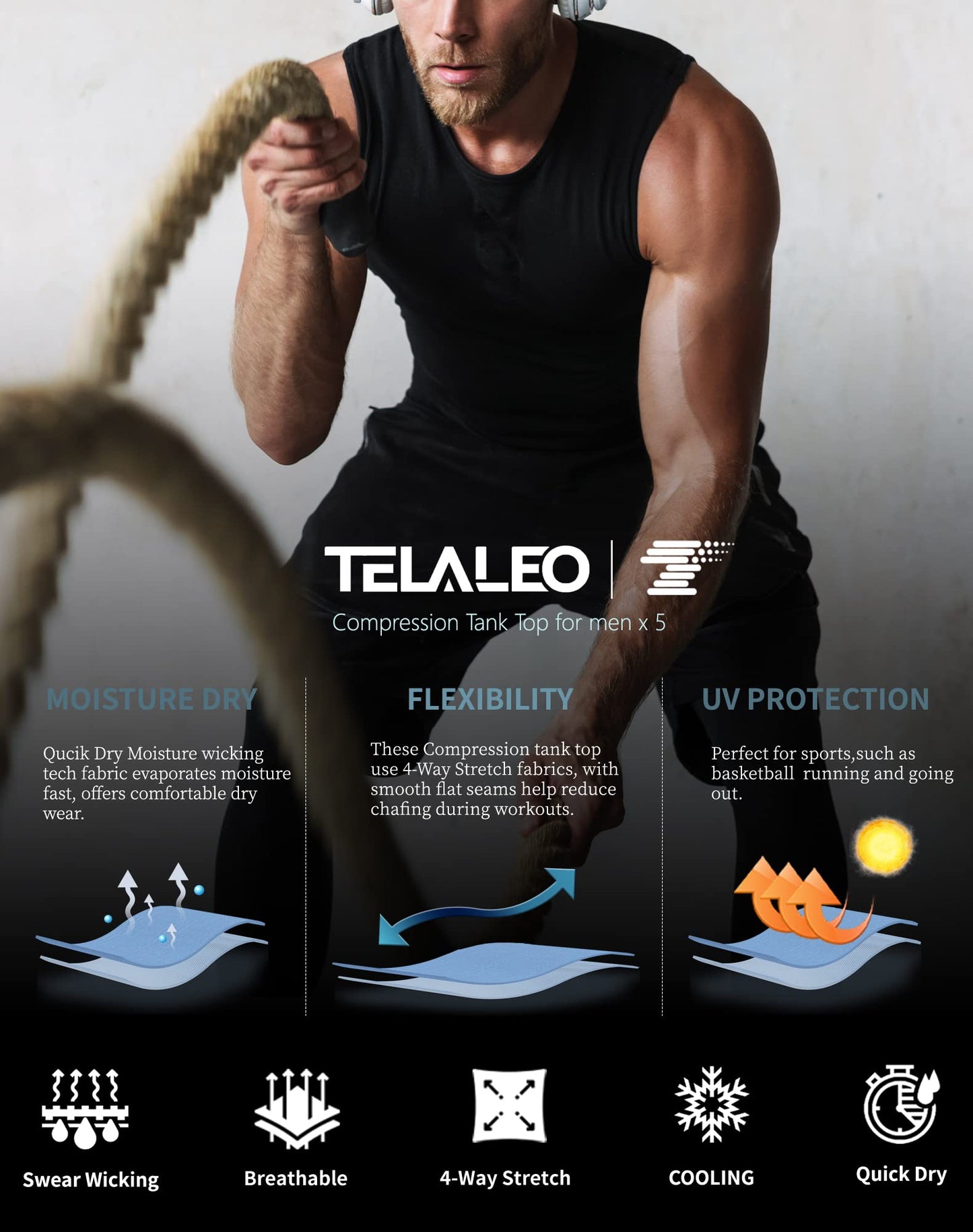 TELALEO 5 Pack Men's Athletic Compression Shirts Sleeveless Workout Tank Top Sports Base Layer Running Basketball L