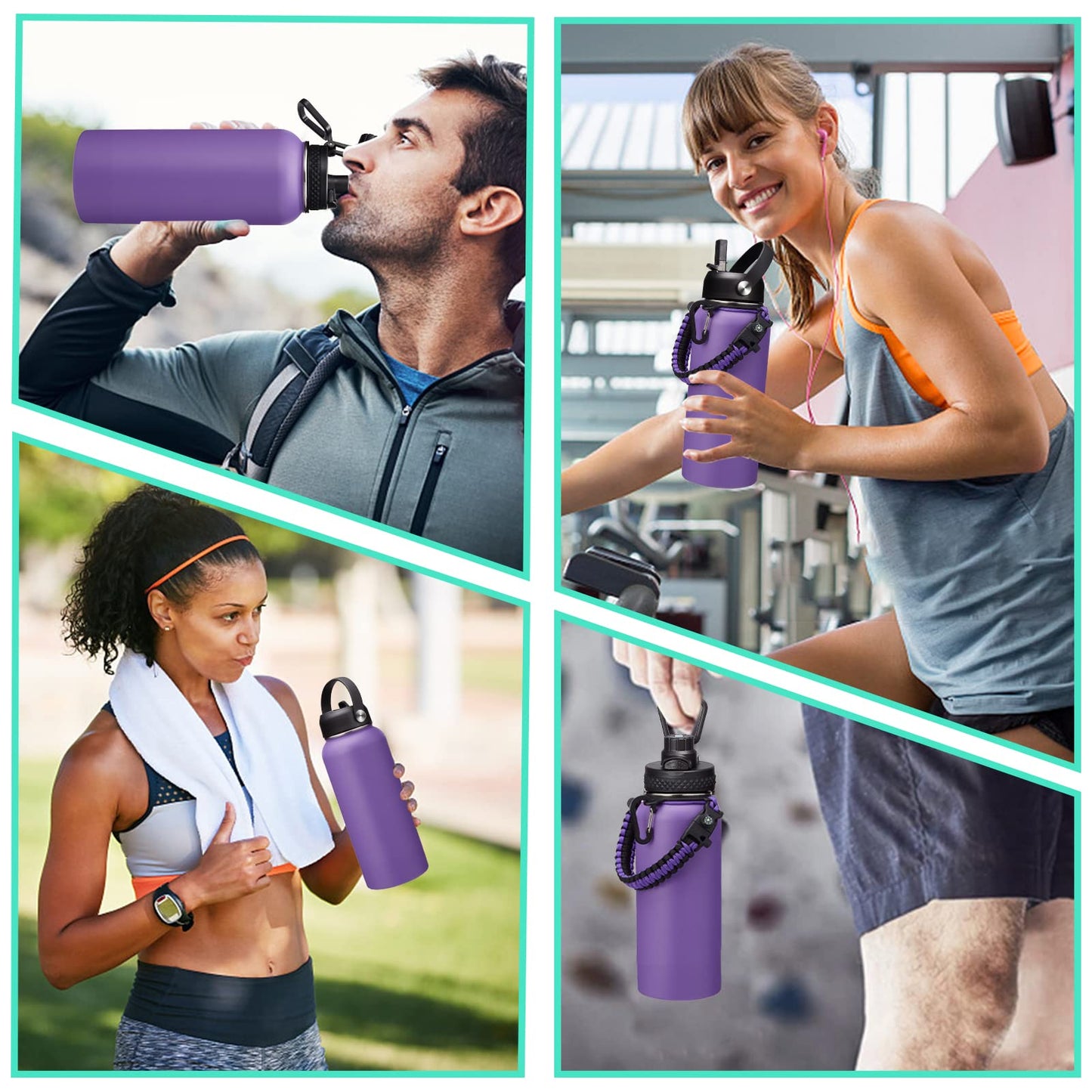 DIGJUPER 32 oz Water Bottles with Straw & Spout Lid, Paracord Handle & Strap, Double Wall Insulated Flask Water Bottle, Reusable Wide Mouth Gym Water Bottles for Women and Men for Fitness Sports