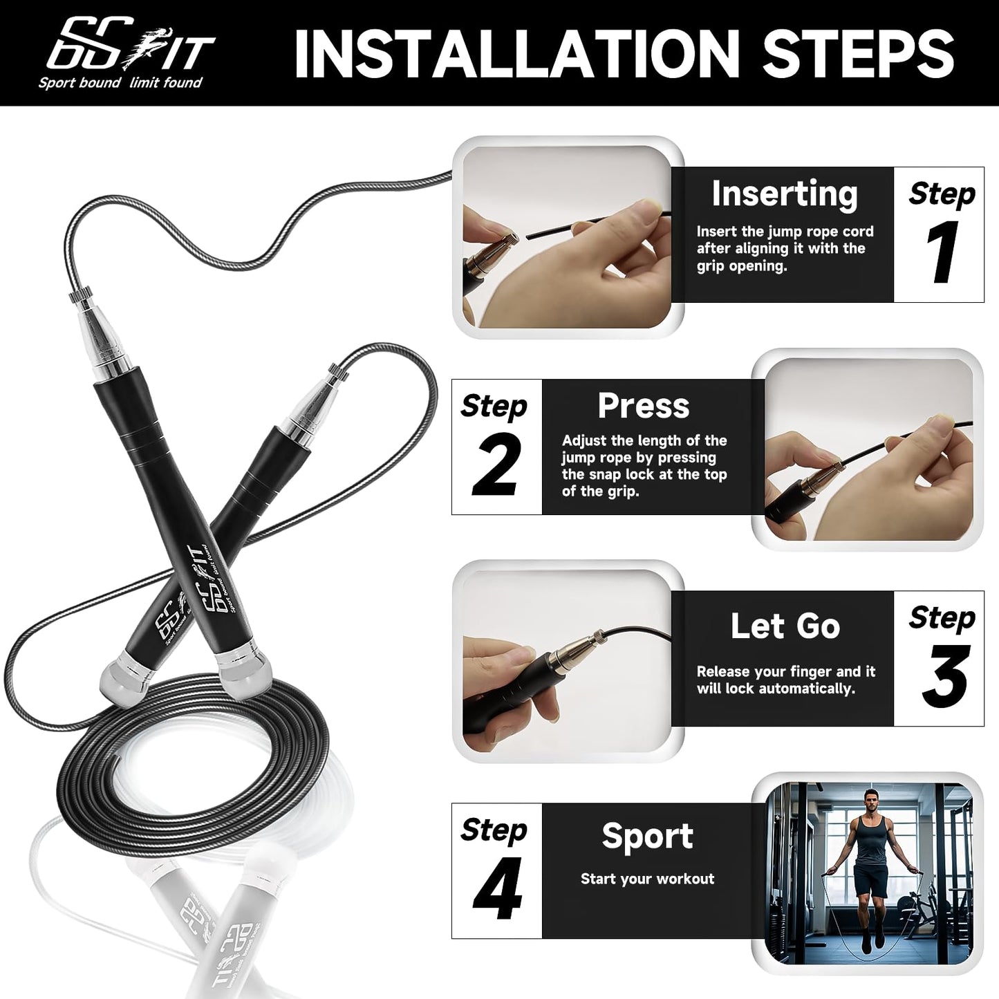 66FIT Weighted Jump Rope, Self-Locking Design, Black, High-Speed 360° Rotatable with Non-Slip Handle & 2 Interchangeable Ropes for Home Gym, Fitness Training, Cardio Workout