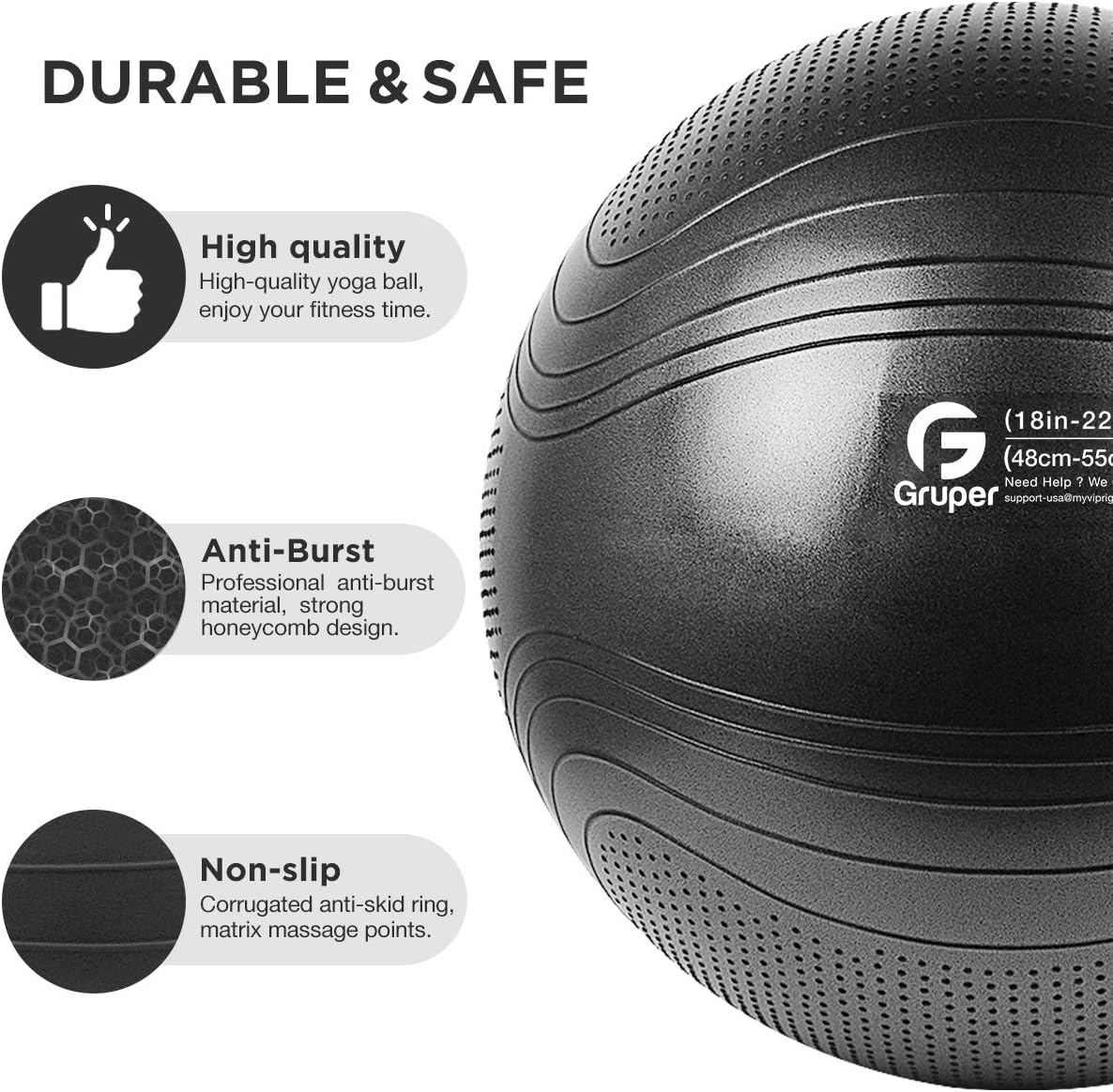 Gruper Yoga Ball, 55-75cm Extra Thick Exercise Ball for Workout Fitness Balance, Anti Burst Chair for Home and Office Desk,Includes Hand Pump & Workout Guide Access (Black, 22 inch (55cm),M)