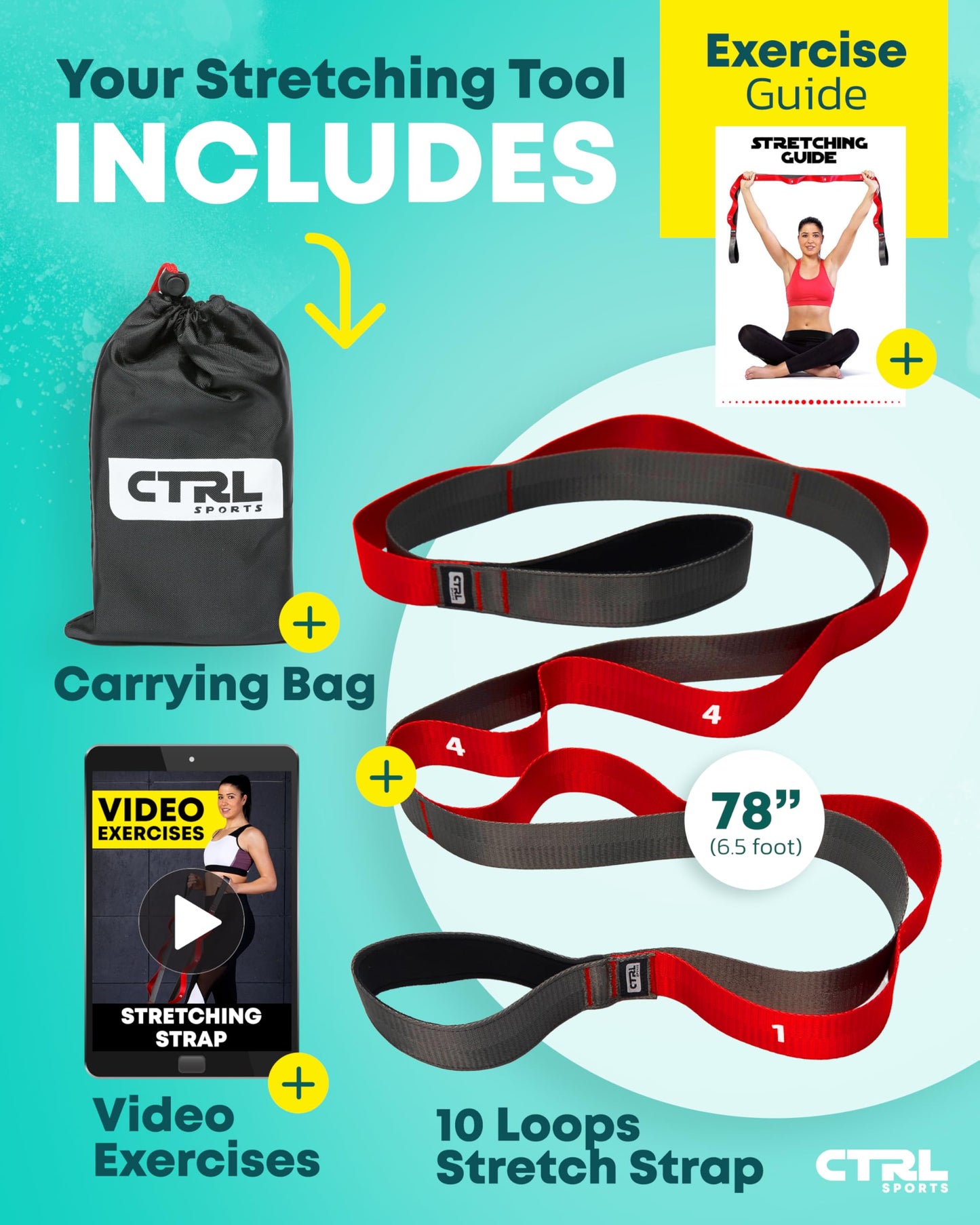 Stretching Strap with Loops - Non Elastic Stretch Band for Physical Therapy, Yoga Strap for Stretching Equipment, Stretch Bands for Exercise and Flexibility - Fascia, Hamstring and Leg Stretcher Belt