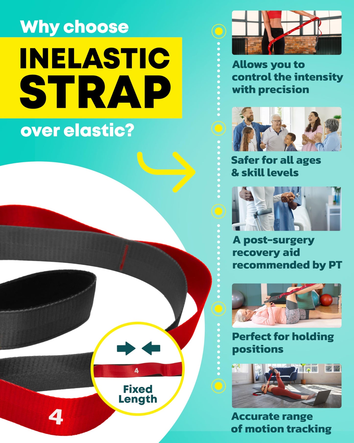 Stretching Strap with Loops - Non Elastic Stretch Band for Physical Therapy, Yoga Strap for Stretching Equipment, Stretch Bands for Exercise and Flexibility - Fascia, Hamstring and Leg Stretcher Belt