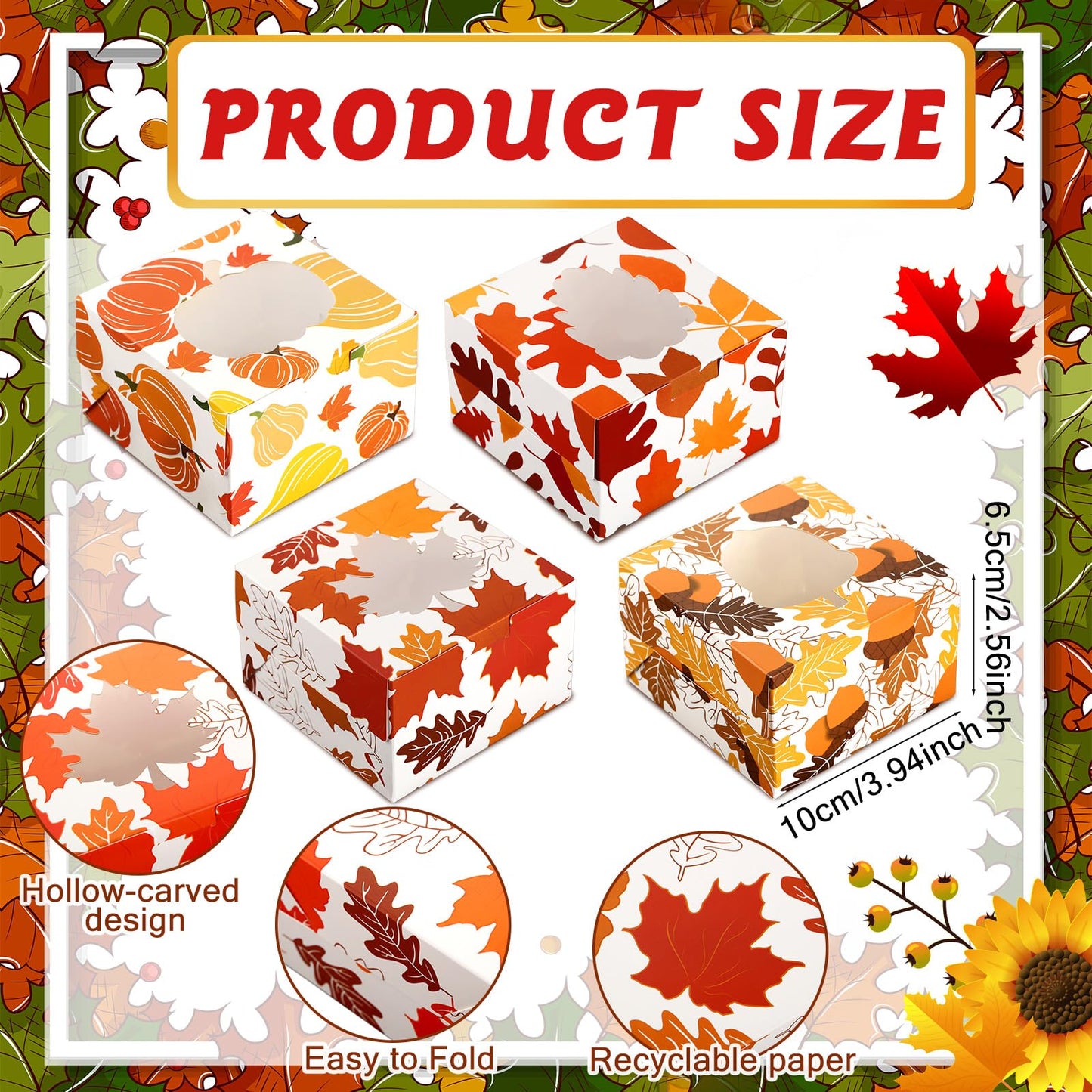 Dispowreath 24 Pcs Fall Treat Boxes with Window Yellow Maple Leaf Pumpkin Printed Candy Cookie Boxes Paper Gift Container Autumn Party Favor Boxes for Fall Thanksgiving Cookie Goodie Candy Party