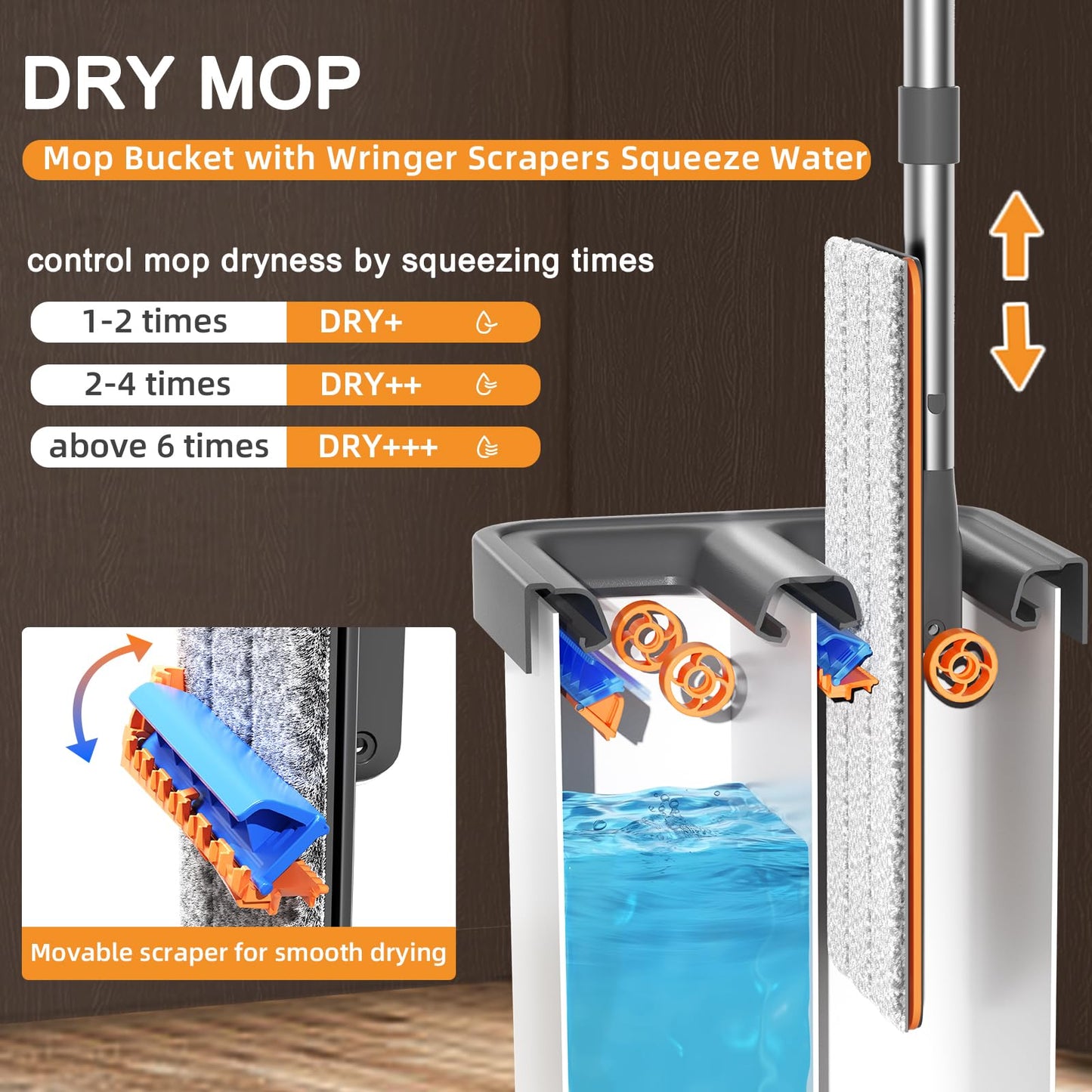 JUDRDO Mop and Bucket with Wringer Set for Home,61" Flat Mop and Bucket System for Floor Cleaning,Wet Dry Mop Window Wall Cleaner with Long Handle,Floor Mop with 4 Washable Microfiber Pads