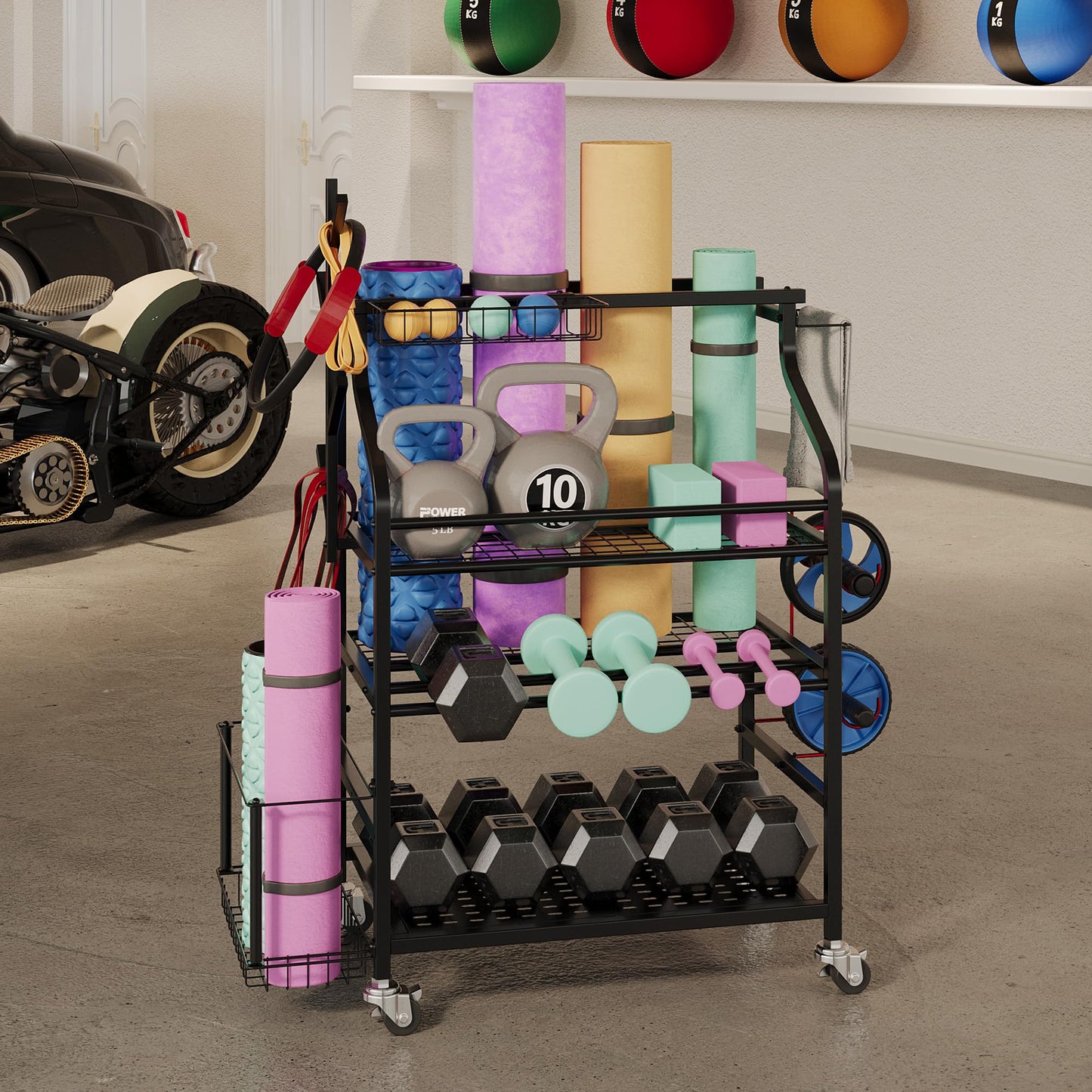 Sttoraboks Dumbbells Rack,Weight Rack for Kettlebell, Weight Stand,Home Gym Storage Holder for Yoga Mat, Foam Roller,Yoga Strap,Resistance Bands,Garage Storage Organizer,Workout Storage with Wheels