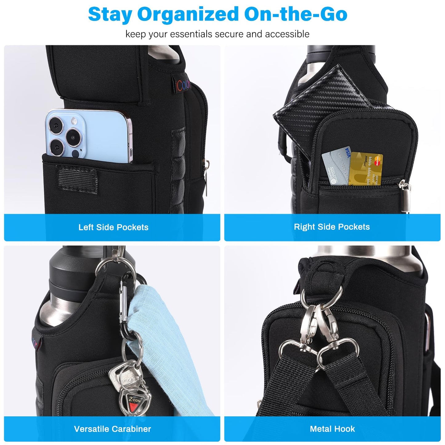 icolor Magnetic Gym Bag Water Bottle Carrier Holder with Phone Pockets & Shoulder Strap,5 Built-in Magnets Gym Bottle Pouch Sleeve,Magnetic Bag Gym Accessories Organizer for Men Women(PureBlack)