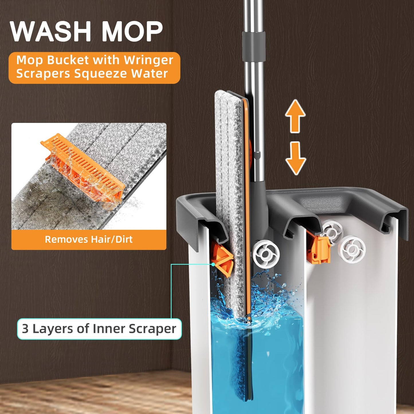 JUDRDO Mop and Bucket with Wringer Set for Home,61" Flat Mop and Bucket System for Floor Cleaning,Wet Dry Mop Window Wall Cleaner with Long Handle,Floor Mop with 4 Washable Microfiber Pads