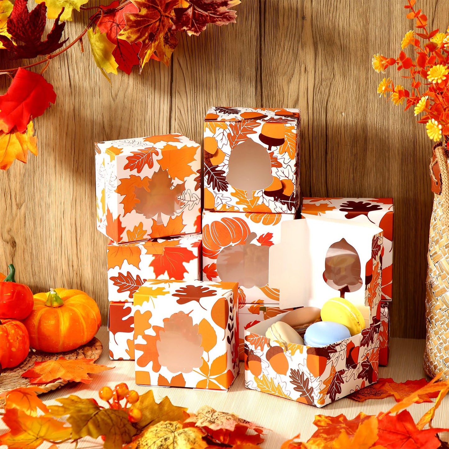 Dispowreath 24 Pcs Fall Treat Boxes with Window Yellow Maple Leaf Pumpkin Printed Candy Cookie Boxes Paper Gift Container Autumn Party Favor Boxes for Fall Thanksgiving Cookie Goodie Candy Party
