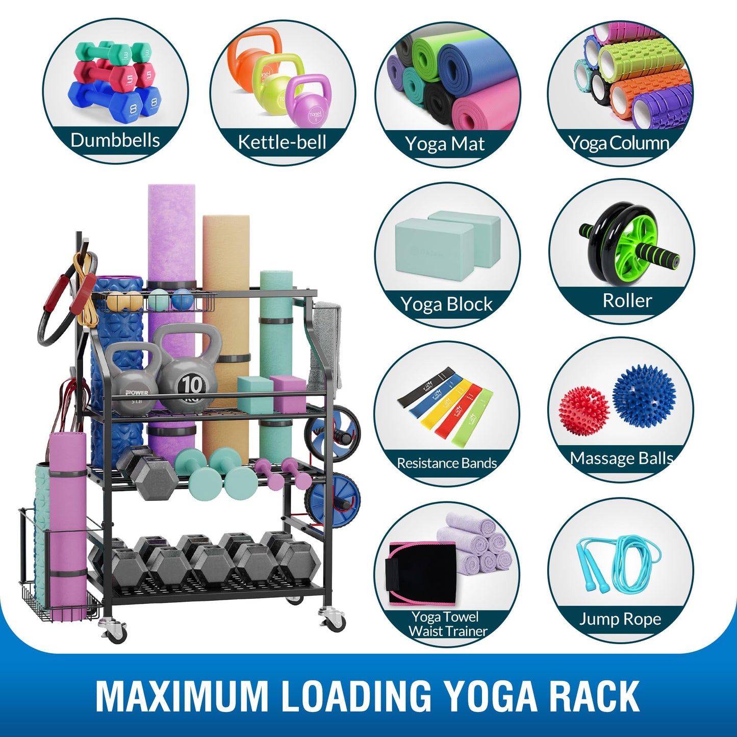Sttoraboks Dumbbells Rack,Weight Rack for Kettlebell, Weight Stand,Home Gym Storage Holder for Yoga Mat, Foam Roller,Yoga Strap,Resistance Bands,Garage Storage Organizer,Workout Storage with Wheels