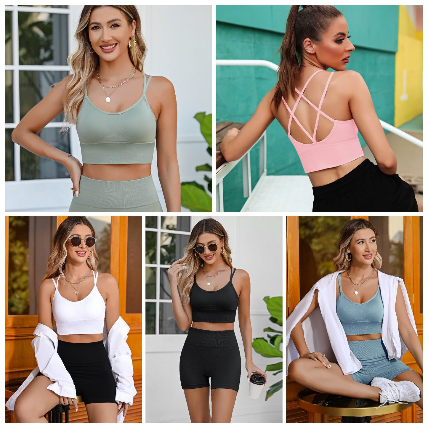 Sykooria Sports Bras for Women Medium Support Workout Bras Strappy Low Impact Gym Sports Bra 5 Pack