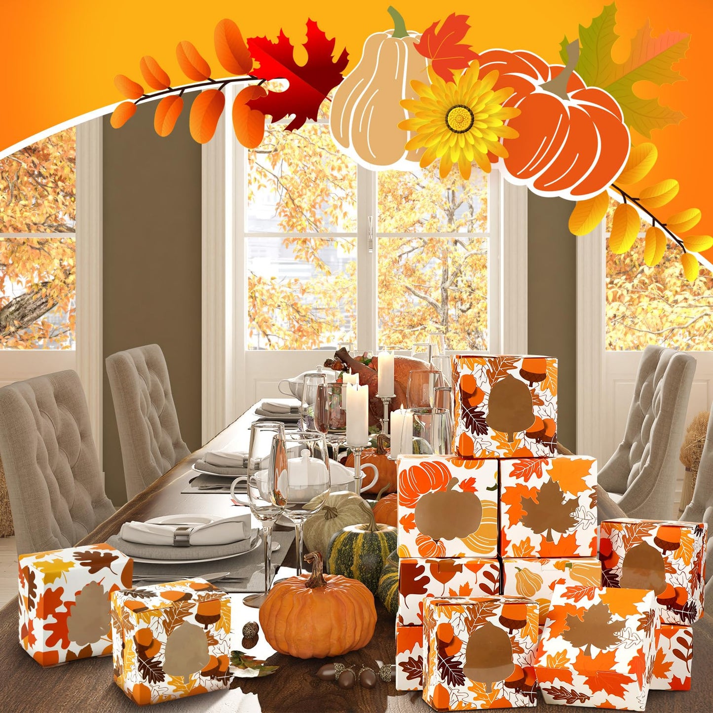Dispowreath 24 Pcs Fall Treat Boxes with Window Yellow Maple Leaf Pumpkin Printed Candy Cookie Boxes Paper Gift Container Autumn Party Favor Boxes for Fall Thanksgiving Cookie Goodie Candy Party