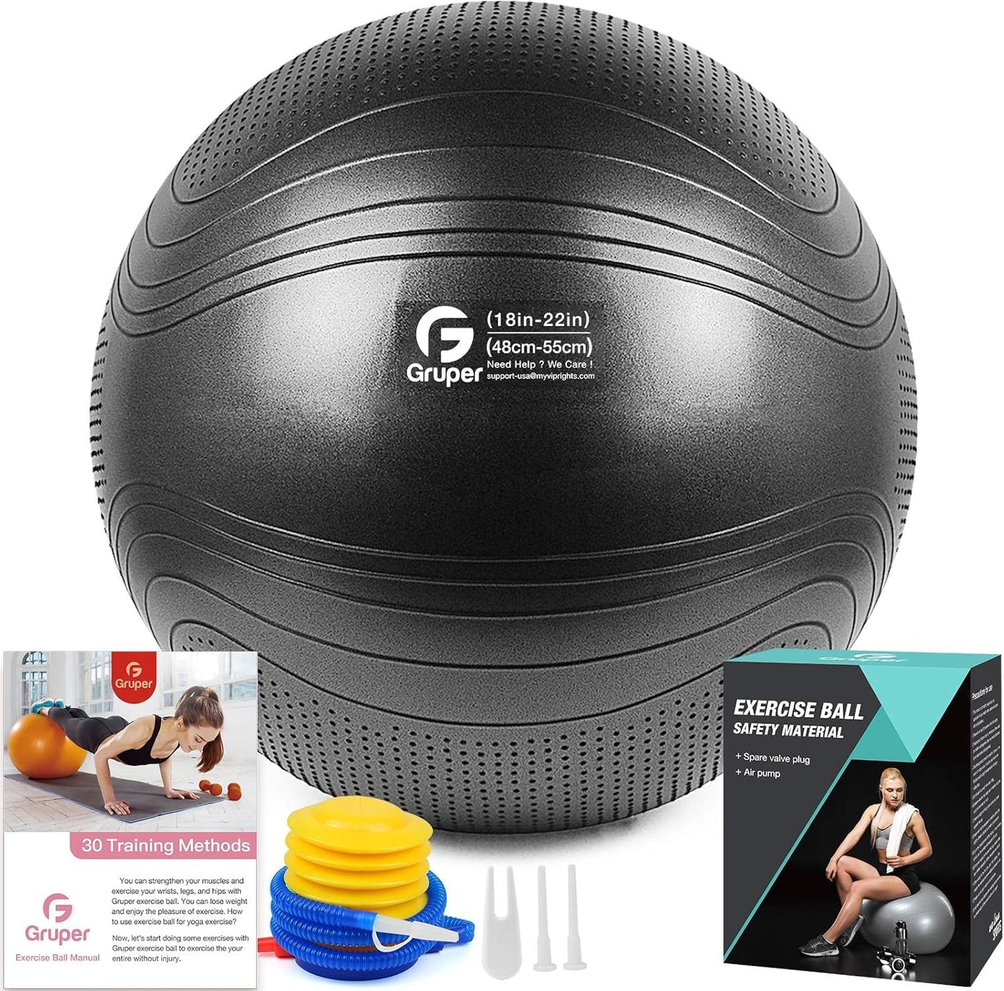 Gruper Yoga Ball, 55-75cm Extra Thick Exercise Ball for Workout Fitness Balance, Anti Burst Chair for Home and Office Desk,Includes Hand Pump & Workout Guide Access (Black, 22 inch (55cm),M)