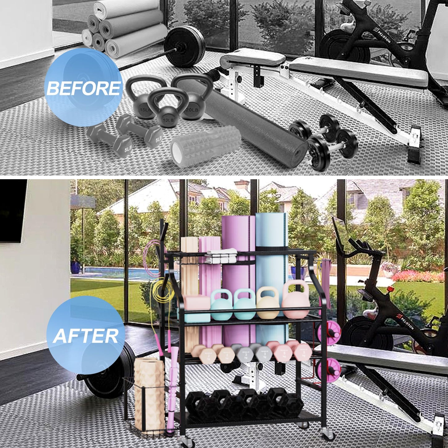 Sttoraboks Dumbbells Rack,Weight Rack for Kettlebell, Weight Stand,Home Gym Storage Holder for Yoga Mat, Foam Roller,Yoga Strap,Resistance Bands,Garage Storage Organizer,Workout Storage with Wheels