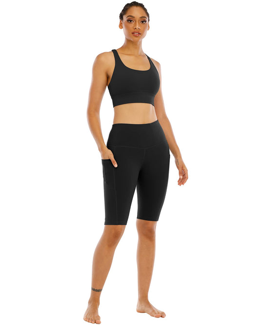 WHOUARE 4 Pack Biker Yoga Shorts with Pockets for Women,High Waisted Athletic Running Workout Gym Shorts Tummy Control,Black,Navy,Dark Gray,Burgundy,L