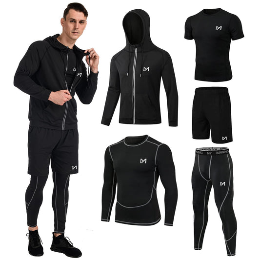MEETYOO 5Pcs Men's Compression Sets Pants Long Sleeve Shirt Athletic Shorts Running Jacket Short Sleeve t-Shirts