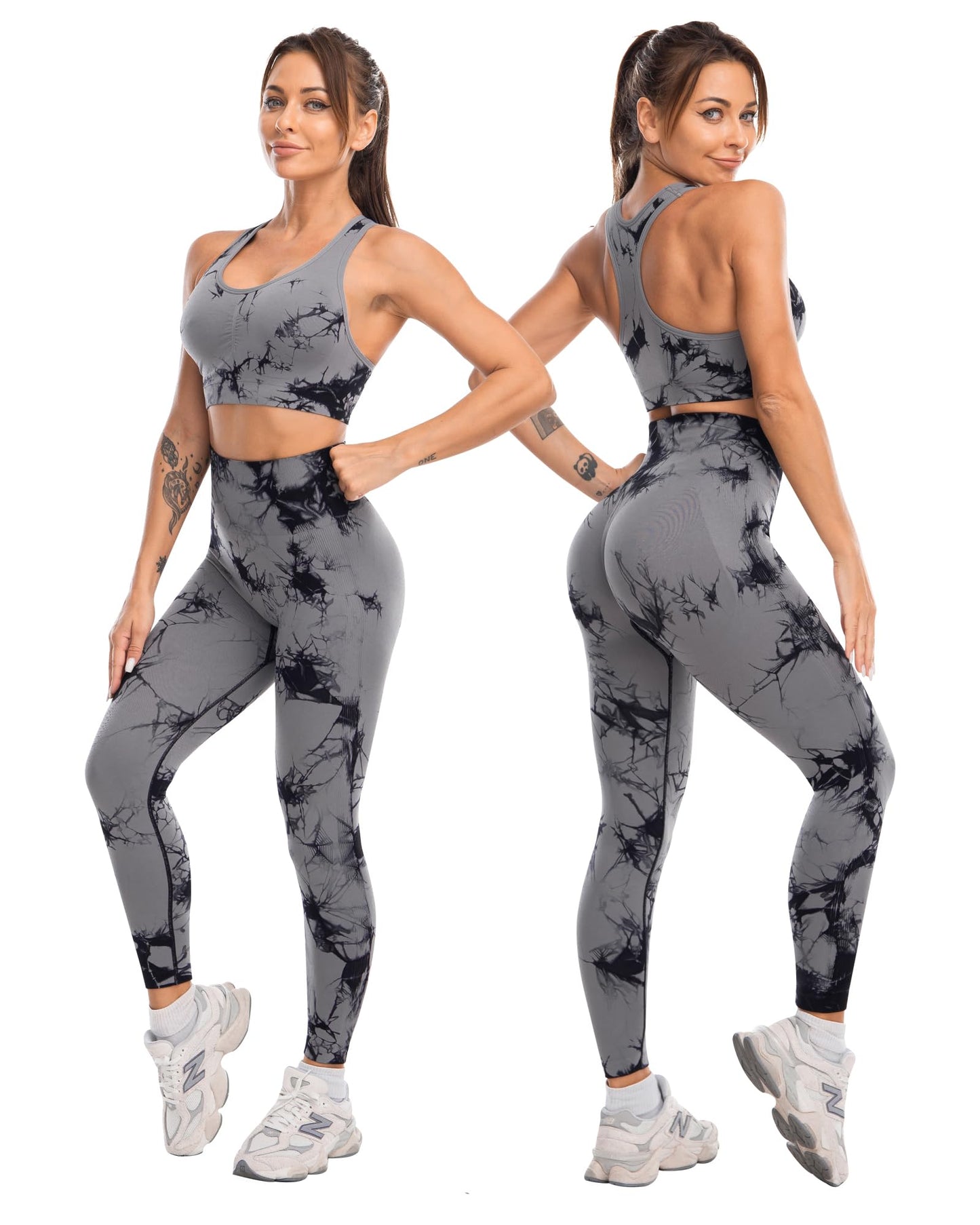 SALSPOR 3 Piece Workout Sets for Women Butt Lifting Leggings with High Impact Sports Bra Gym Shorts Activewear Matching Set(3DWX-Tie Dye Black-S)