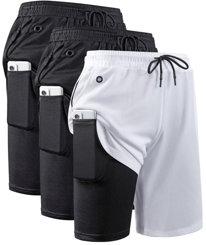 JWJ 3 Pack Men's 2 in 1 Workout Running Shorts 7 Inch Lightweight Athletic Gym Shorts with Compression Liner Black Black White M