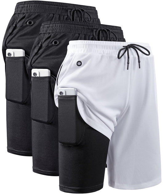 JWJ 3 Pack Men's 2 in 1 Workout Running Shorts 7 Inch Lightweight Athletic Gym Shorts with Compression Liner Black Black White M