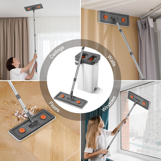 JUDRDO Mop and Bucket with Wringer Set for Home,61" Flat Mop and Bucket System for Floor Cleaning,Wet Dry Mop Window Wall Cleaner with Long Handle,Floor Mop with 4 Washable Microfiber Pads
