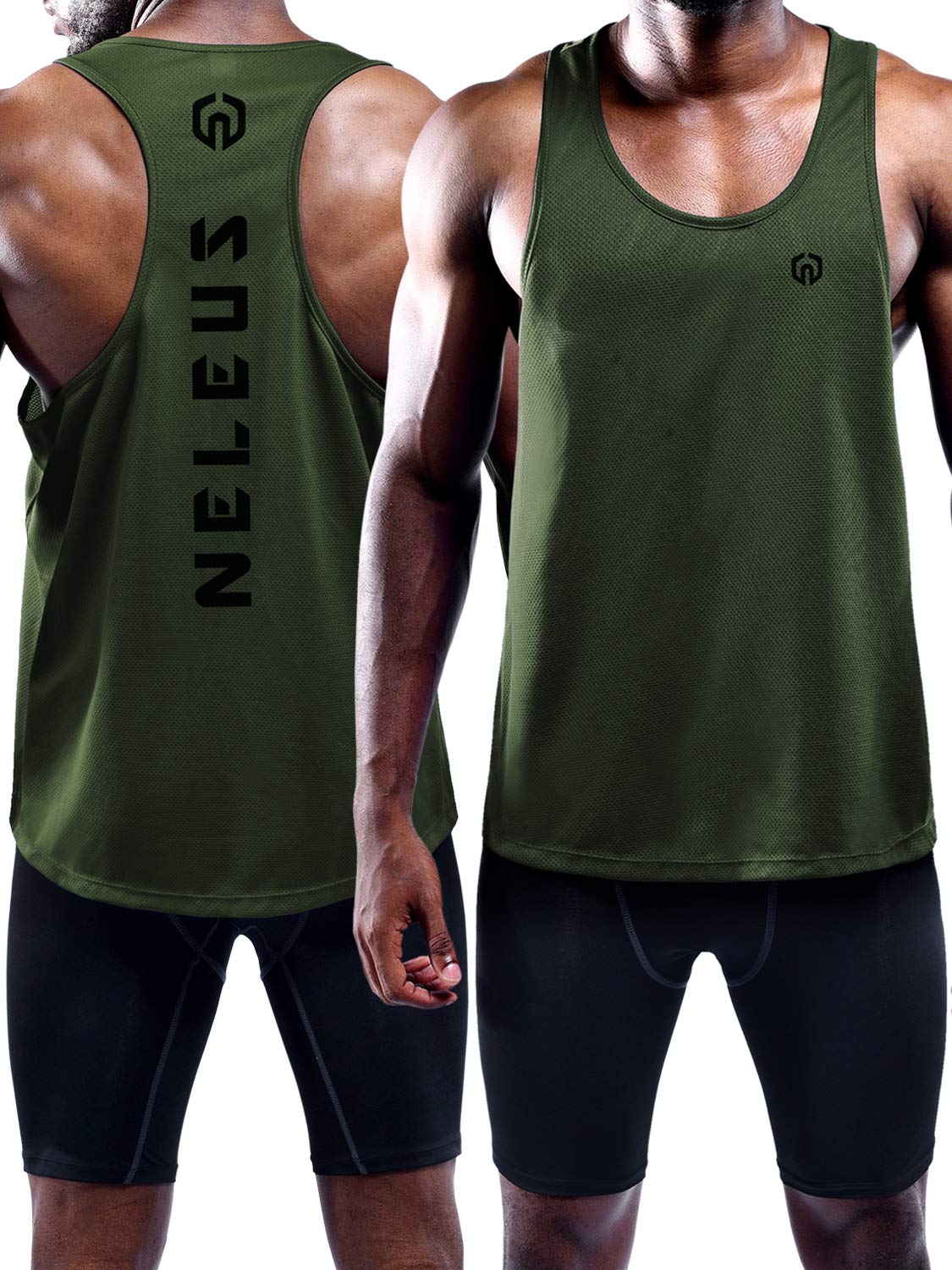 NELEUS Men's 3 Pack Dry Fit Workout Gym Muscle Tank Tops,5031,Black,Grey,Olive Green,M,EU L