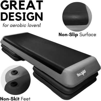 Yes4All Adjustable Workout Aerobic Exercise Step Platform Health Club Size with 4 Adjustable Risers Included and Extra Risers Options - Gray Black