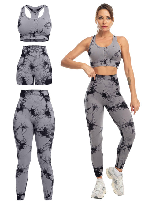 SALSPOR 3 Piece Workout Sets for Women Butt Lifting Leggings with High Impact Sports Bra Gym Shorts Activewear Matching Set(3DWX-Tie Dye Black-S)