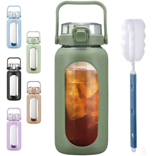 BLUEGO 64oz Glass Water Bottles with Straw Time Marker Half Gallon Large Motivational Water Bottle with Silicone Sleeve 2 Liter Large Glass Water Jug for Gym, Sports& Workout, Daily, 02 Olive