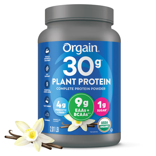 Orgain Organic 30g Vegan Protein Powder, Vanilla, 9g EAAs + BCAAs, Plant Protein, 4g Prebiotic + Fiber, 1g Sugar, Pre-Workout, Muscle Support Recovery - 2.01lb