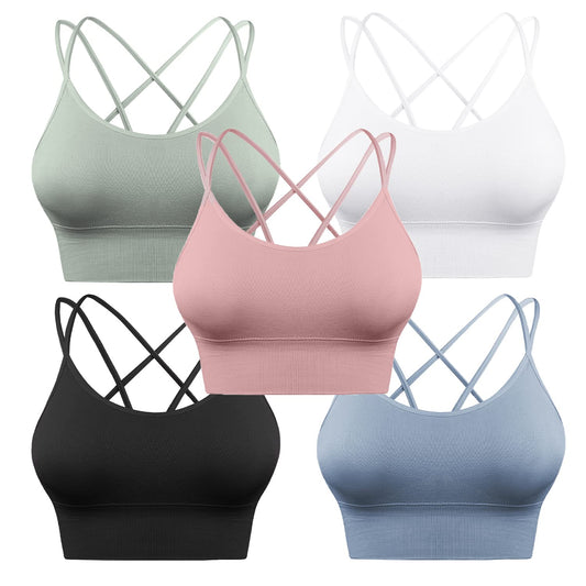 Sykooria Sports Bras for Women Medium Support Workout Bras Strappy Low Impact Gym Sports Bra 5 Pack